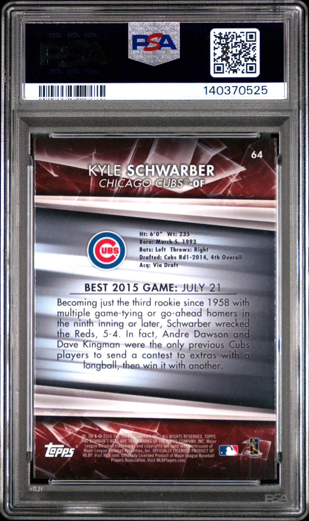 2016 Bowman's Best Kyle Schwarber #64 PSA 10 - Image 2