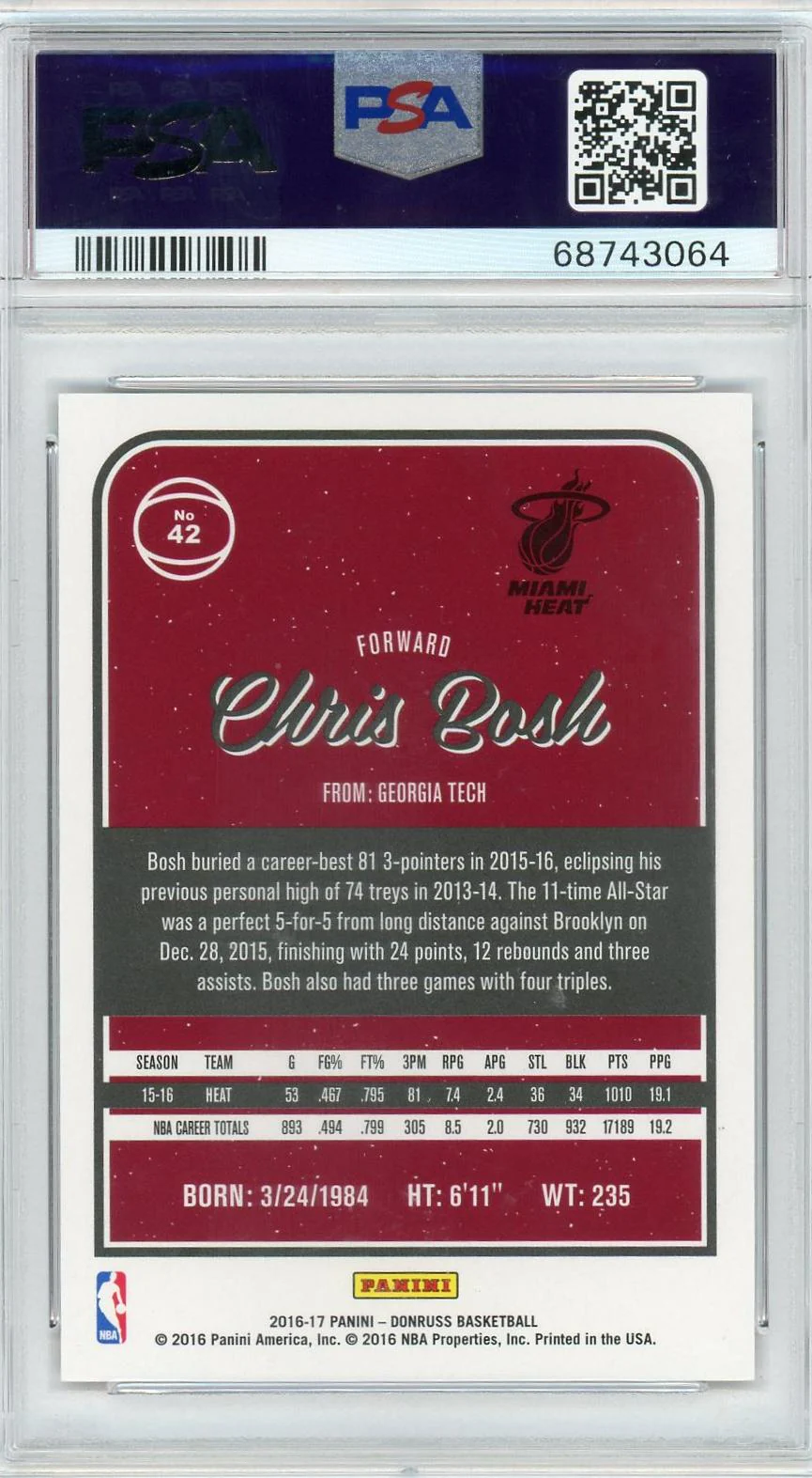 2016 Panini Donruss Red Laser Chris Bosh #42 /99 PSA 9 - Image 2
