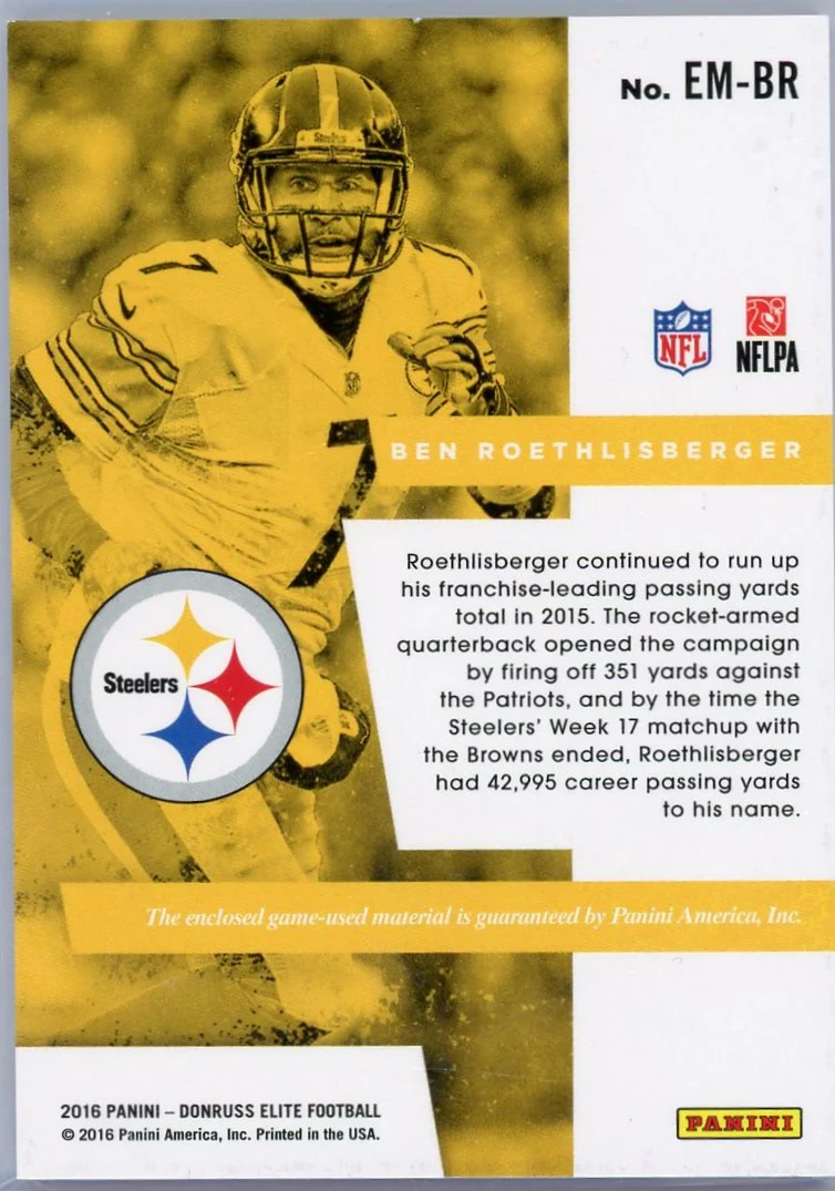2016 Panini Donruss Elite Epic Materials Ben Roethlisberger #EM-BR Patch /25 - Image 2