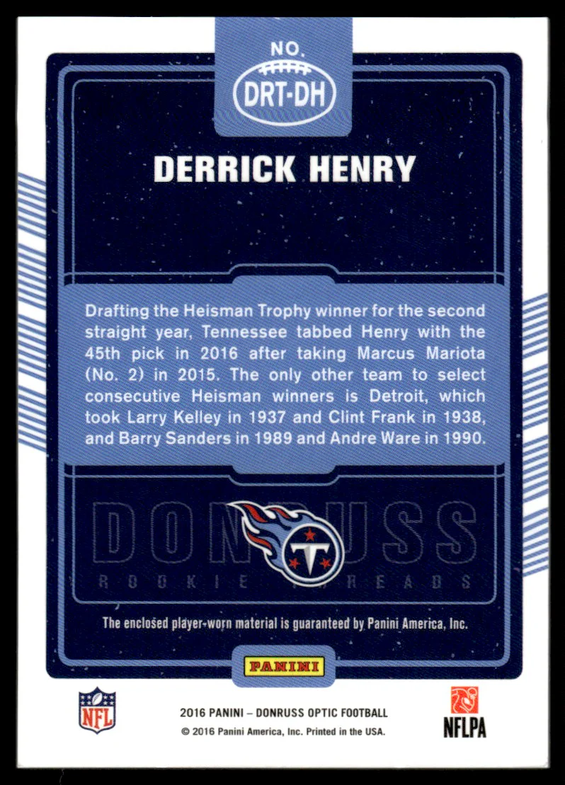 2016 Panini Donruss Optic DRT-DH Derrick Henry Donruss Rookie Threads Rookie Tennessee Titans - Image 2
