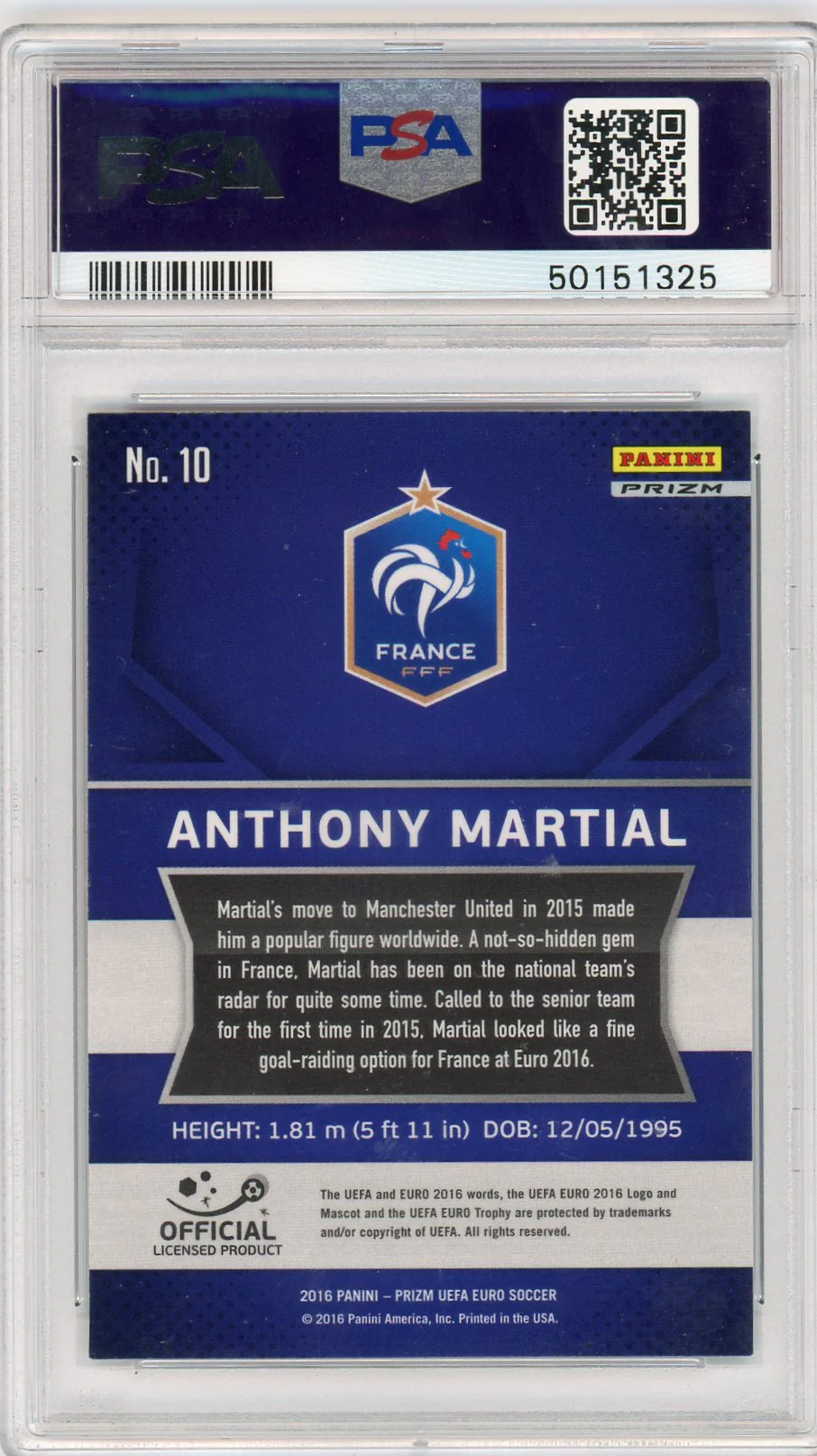 2016 Panini Prizm Red & Light Blue Anthony Martial #10 PSA 9 - Image 2