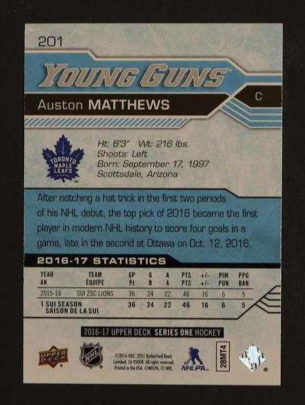 2016 Upper Deck Series 1 Young Guns Auston Matthews #201 RC - Image 2