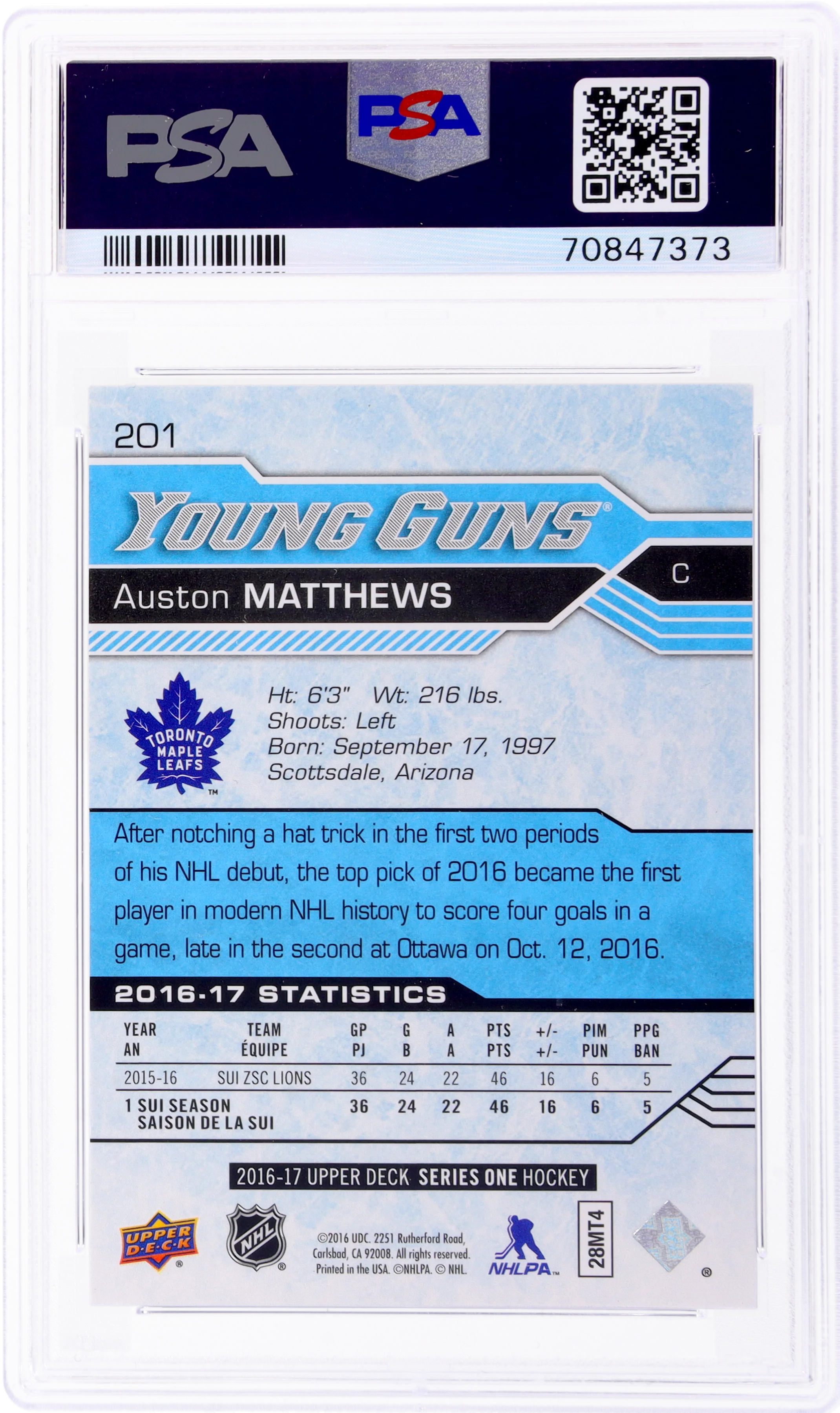 2016 Upper Deck Young Guns Auston Matthews #201 PSA 9 - Image 2