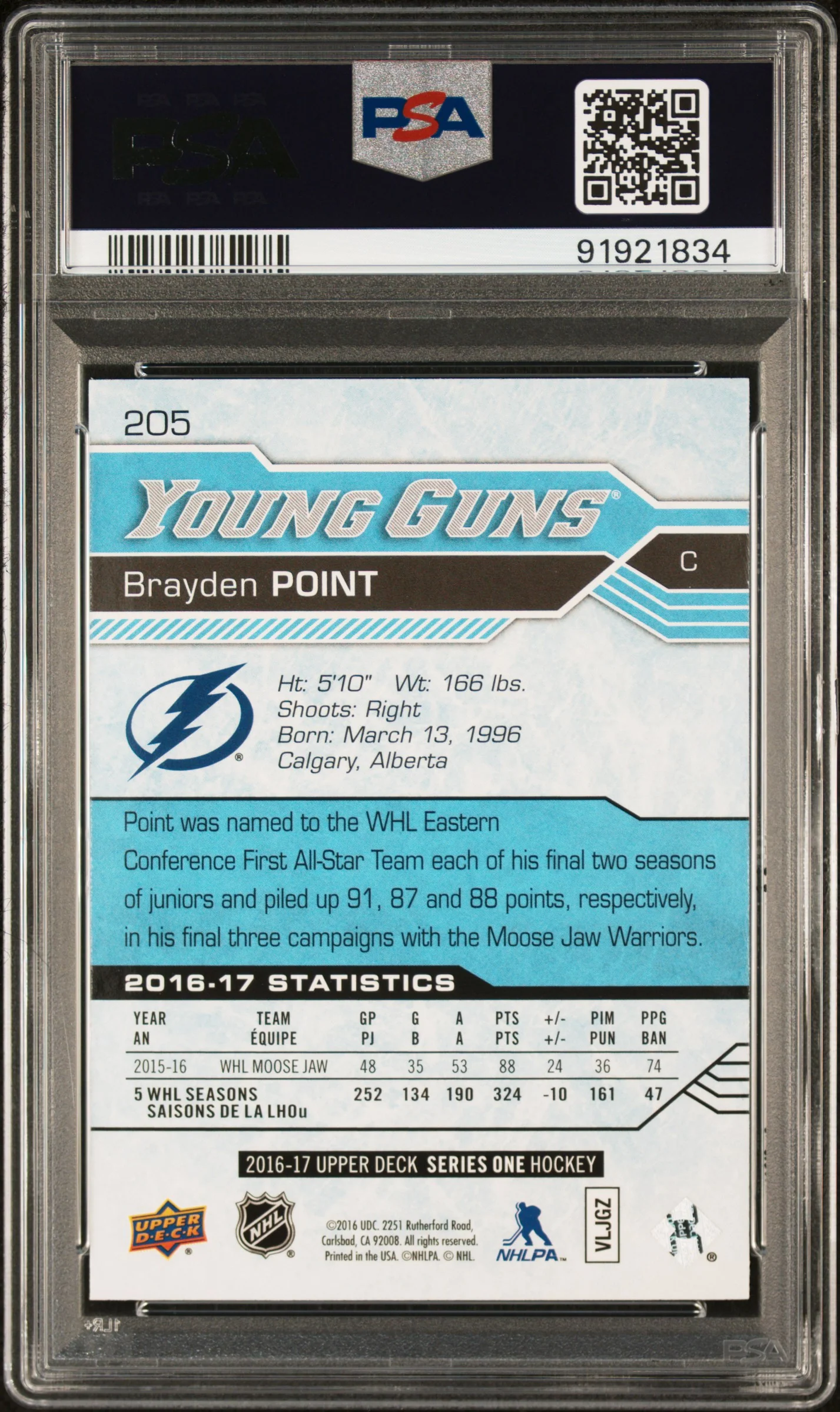 2016 Upper Deck Young Guns Brayden Point #205 PSA 10 - Image 2