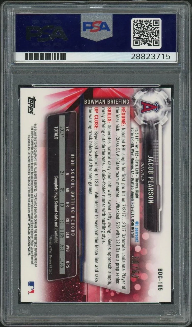 2017 Bowman Draft Chrome Gold Refractor Jacob Pearson #BDC105 /50 PSA 10 - Image 2