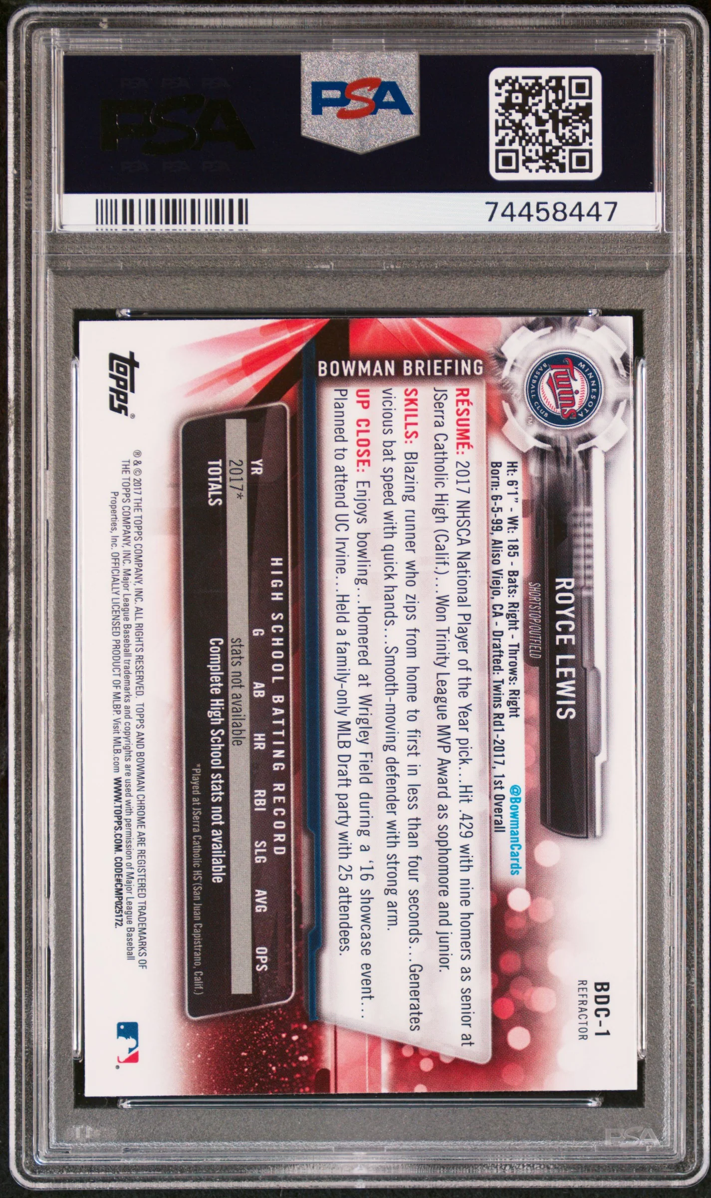 2017 Bowman Draft Chrome Refractor Royce Lewis #BDC-1 PSA 9 - Image 2