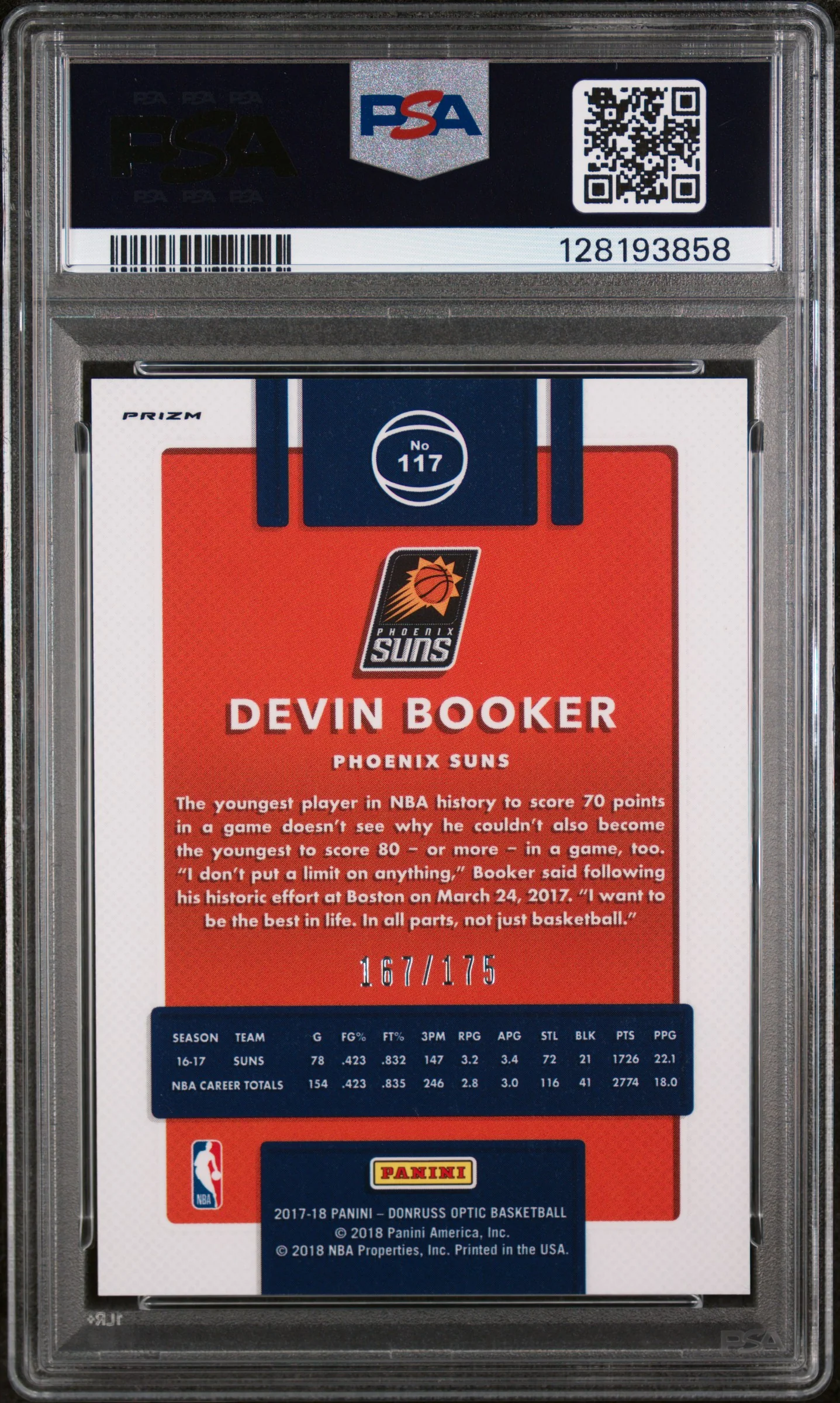 2017 Donruss Optic Lime Green Devin Booker #117 /175 PSA 8 - Image 2