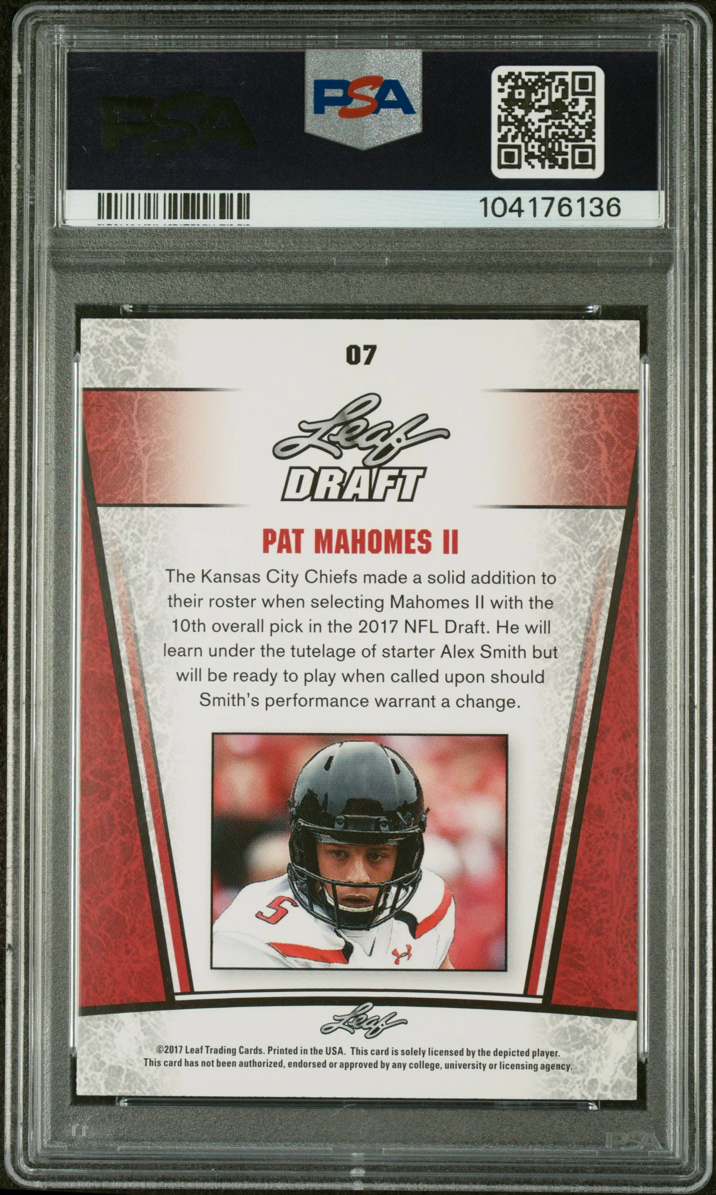 2017 Leaf Draft SP Release Silver Pat Mahomes II #07 PSA 9 - Image 2