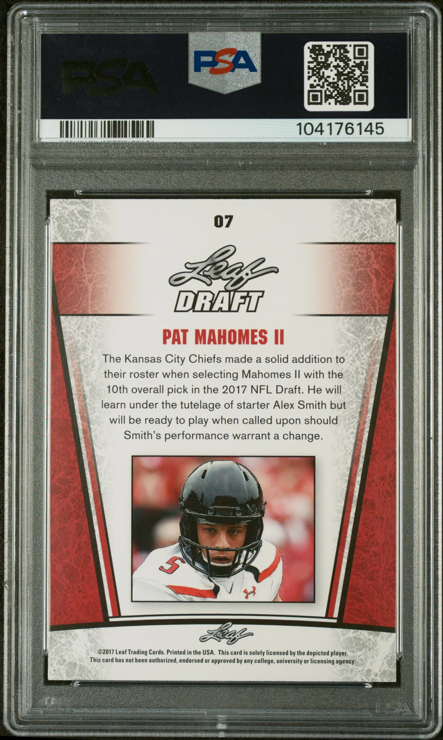2017 Leaf Draft SP Release Silver Pat Mahomes II #07 PSA 9 - Image 2