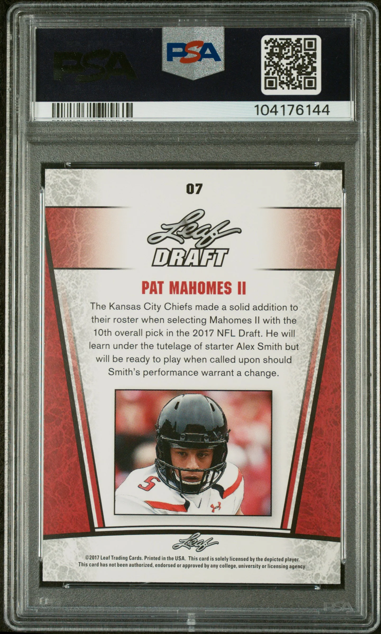 2017 Leaf Draft SP Release Silver Pat Mahomes II #07 PSA 9 - Image 2