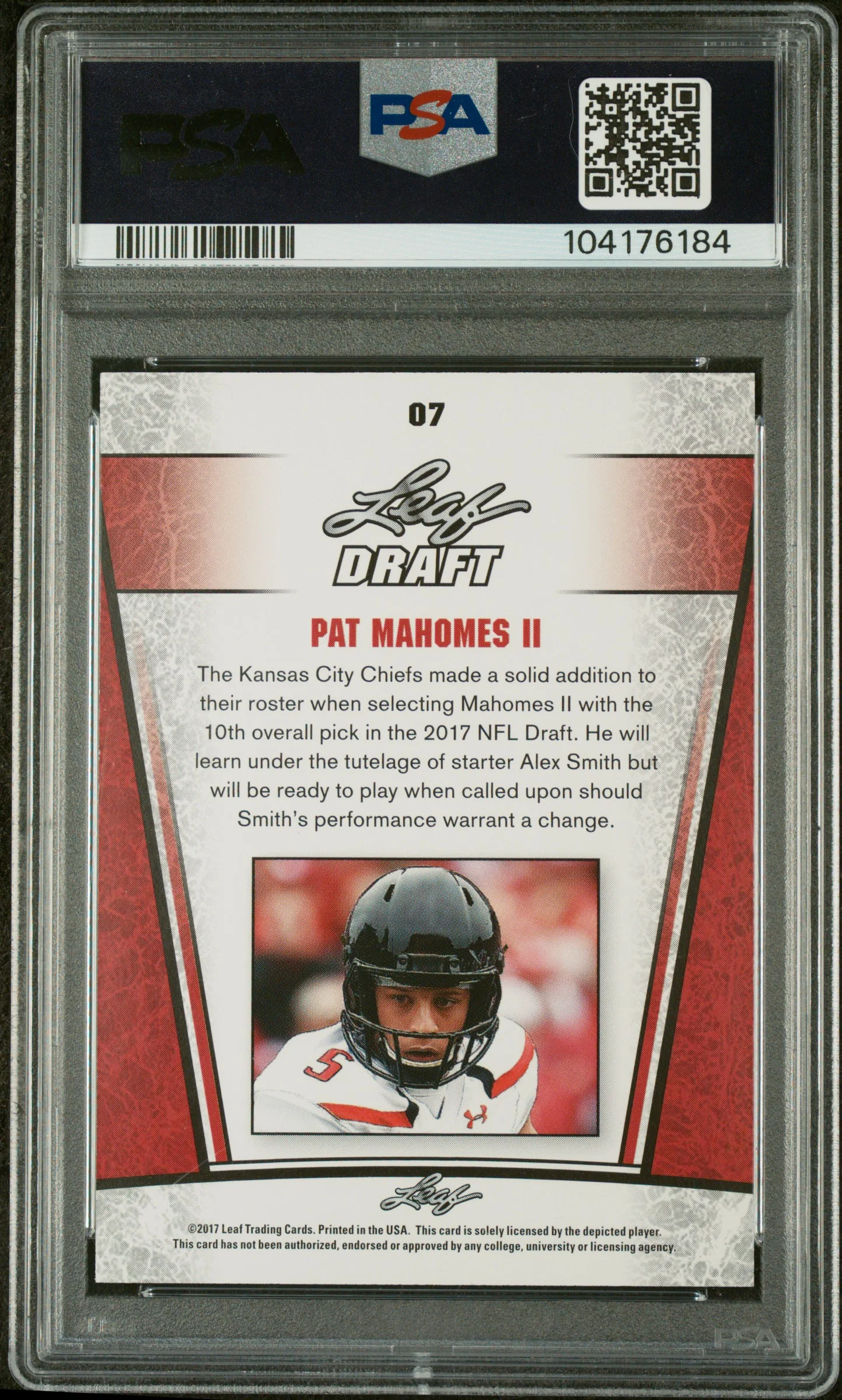 2017 Leaf Special Release Draft Silver Pat Mahomes II #07 PSA 9 - Image 2