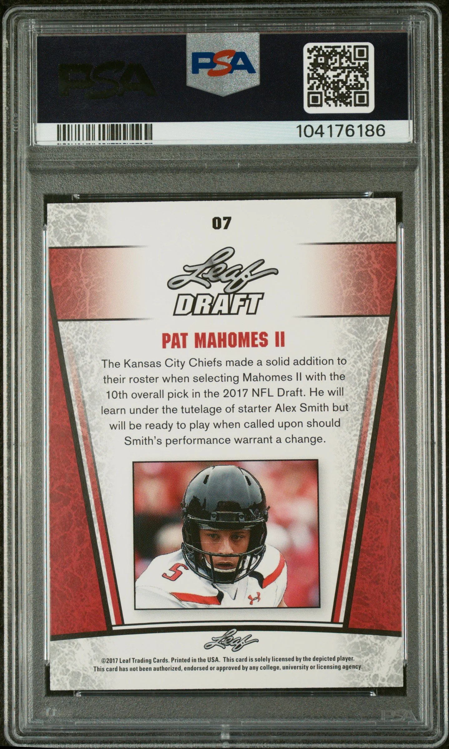 2017 Leaf Special Release Draft Silver Pat Mahomes II #07 PSA 9 - Image 2