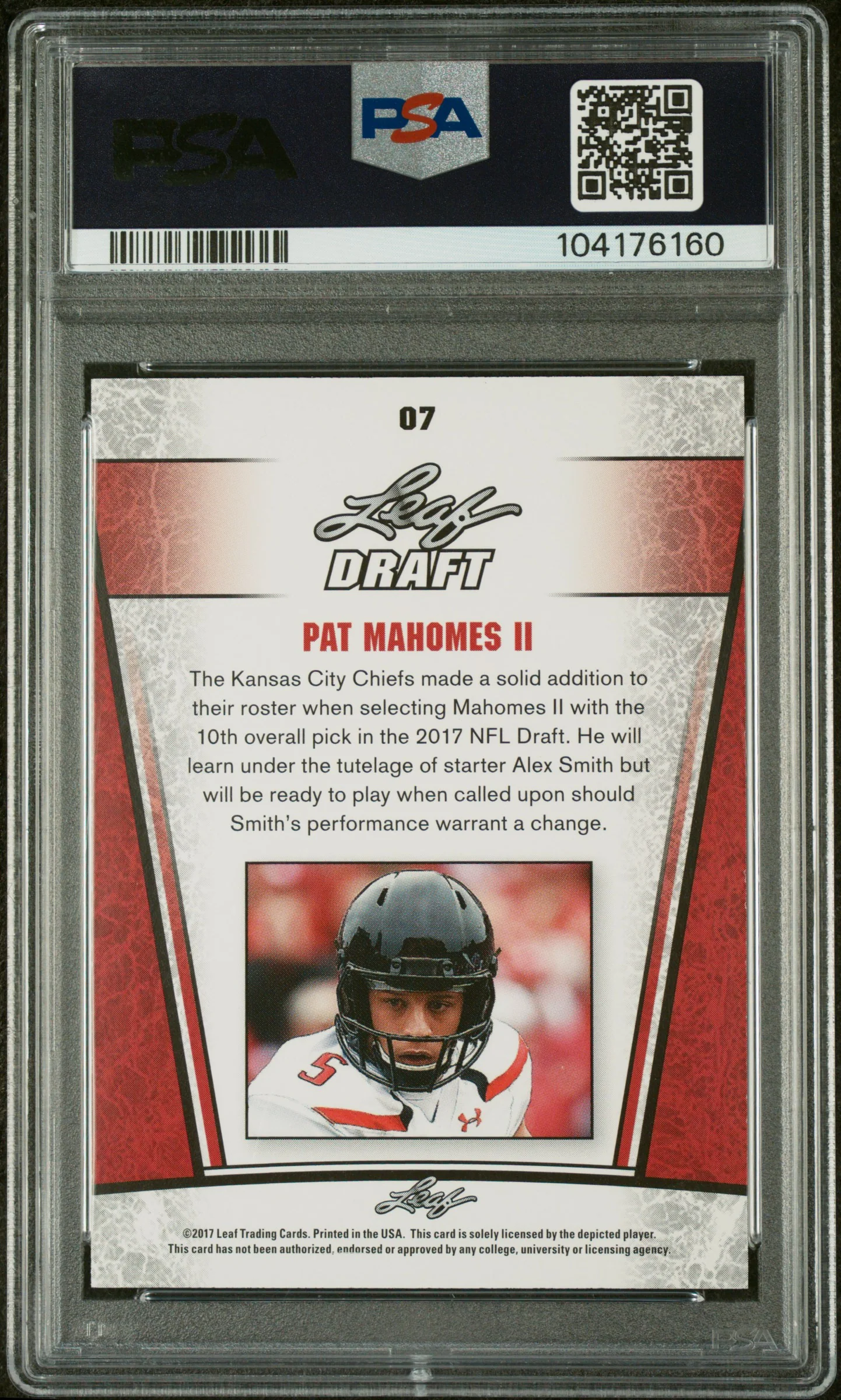 2017 Leaf Special Release Draft Silver Pat Mahomes II #07 PSA 9 - Image 2
