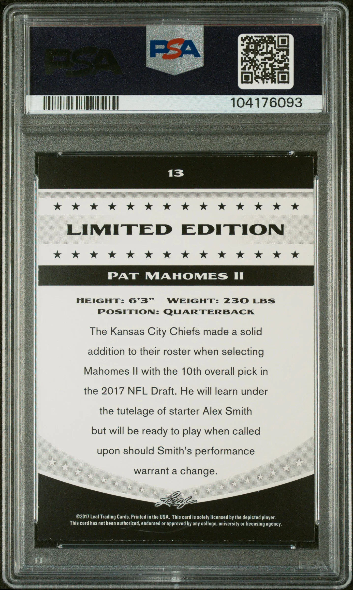 2017 Leaf Special Release Limited Edition Pat Mahomes II #13 PSA 9 - Image 2