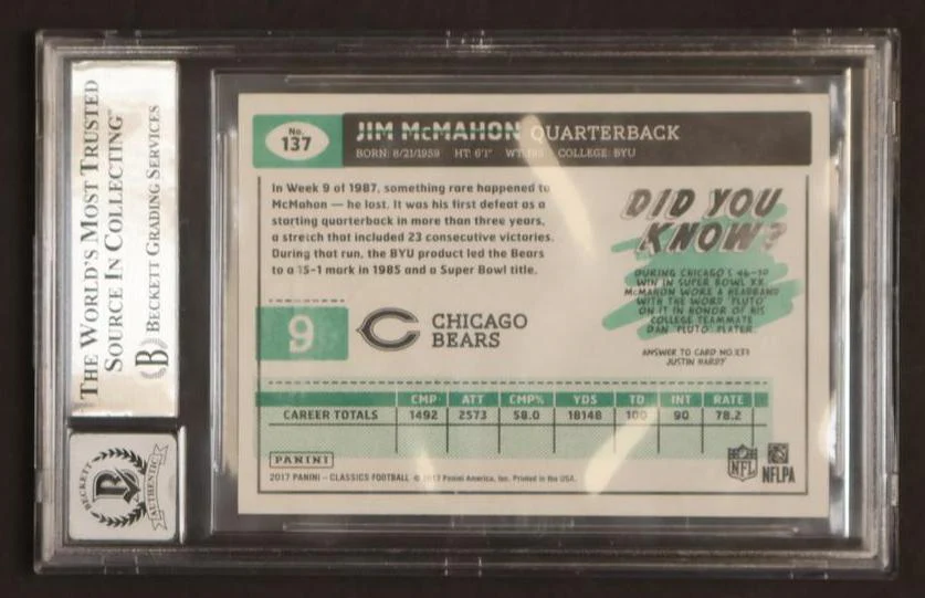 2017 Panini Classics Jim McMahon #137 Auto BGS Authentic Auto 10 - Image 2