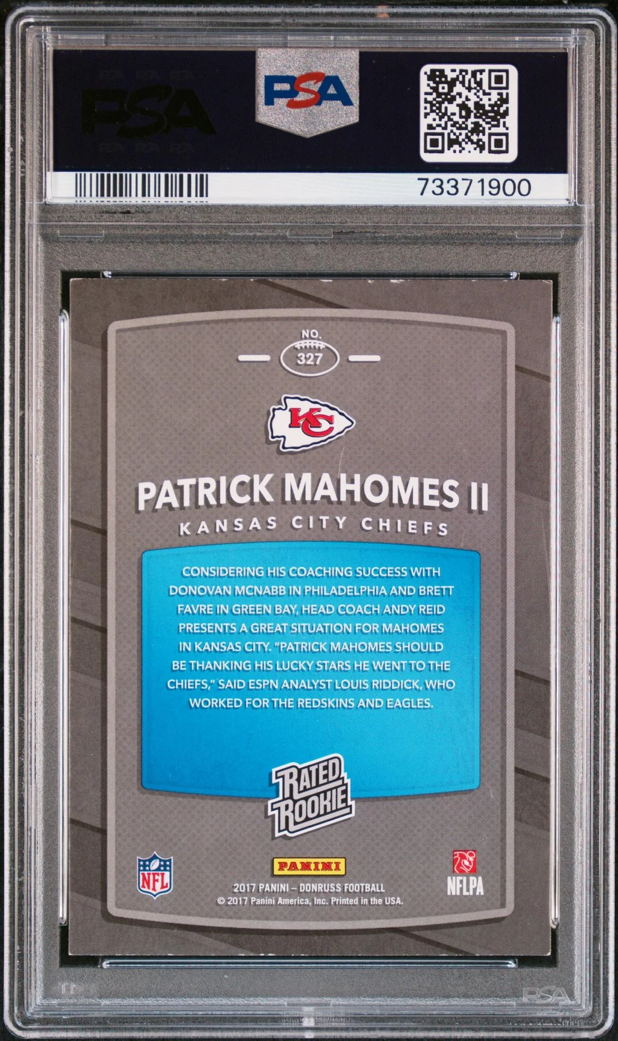 2017 Panini Donruss Rated Rookie Patrick Mahomes II #327 PSA 5 - Image 2