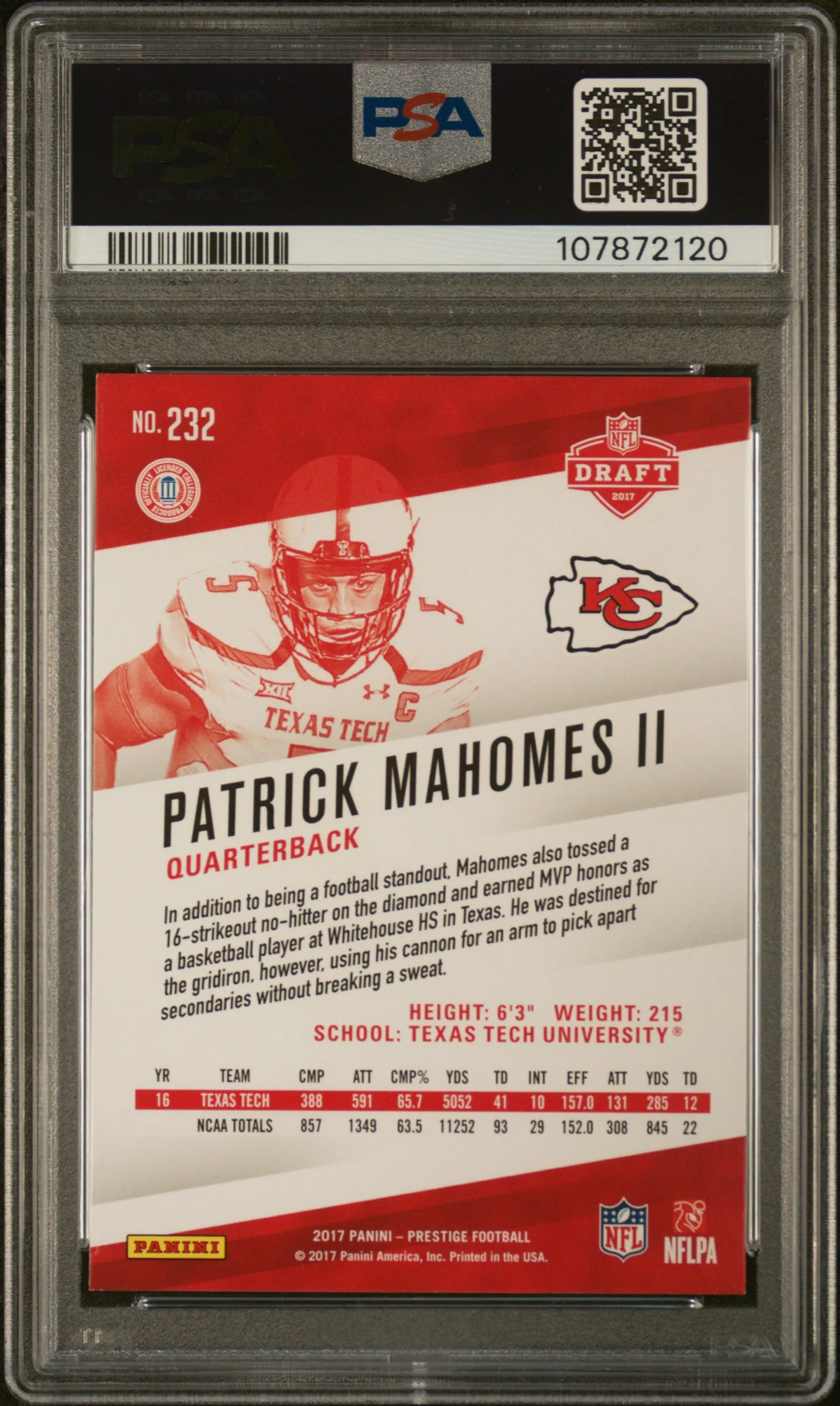 2017 Panini Prestige Xtra Points Blue Patrick Mahomes II #232 PSA 9 - Image 2