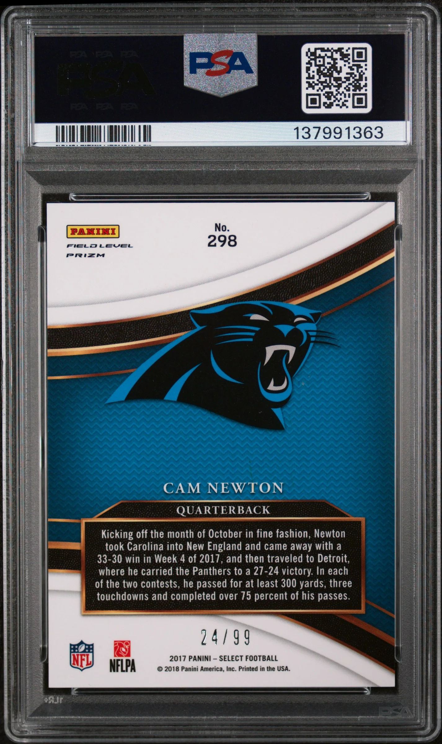 2017 Panini Select Prizm Tri Color Cam Newton #298 /99 PSA 10 - Image 2