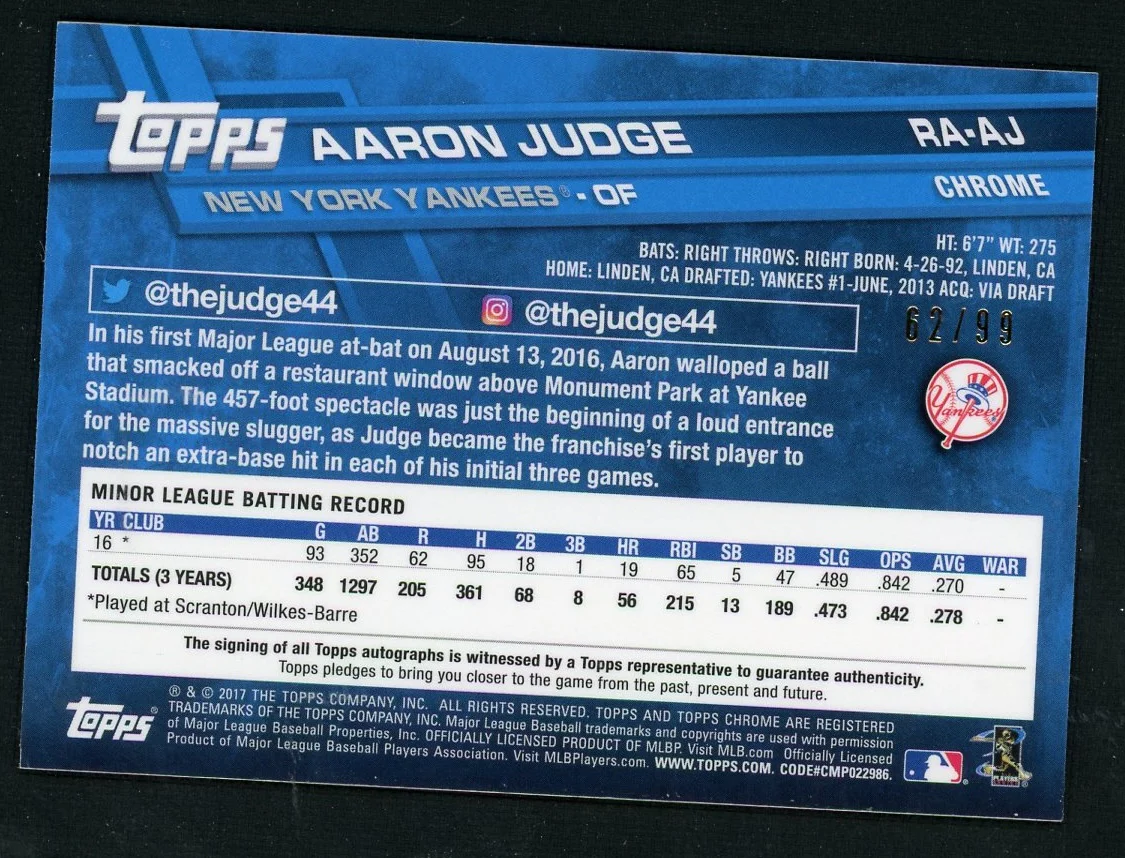 2017 Topps Chrome RA-AJ Aaron Judge Rookie /99 New York Yankees Auto - Image 2