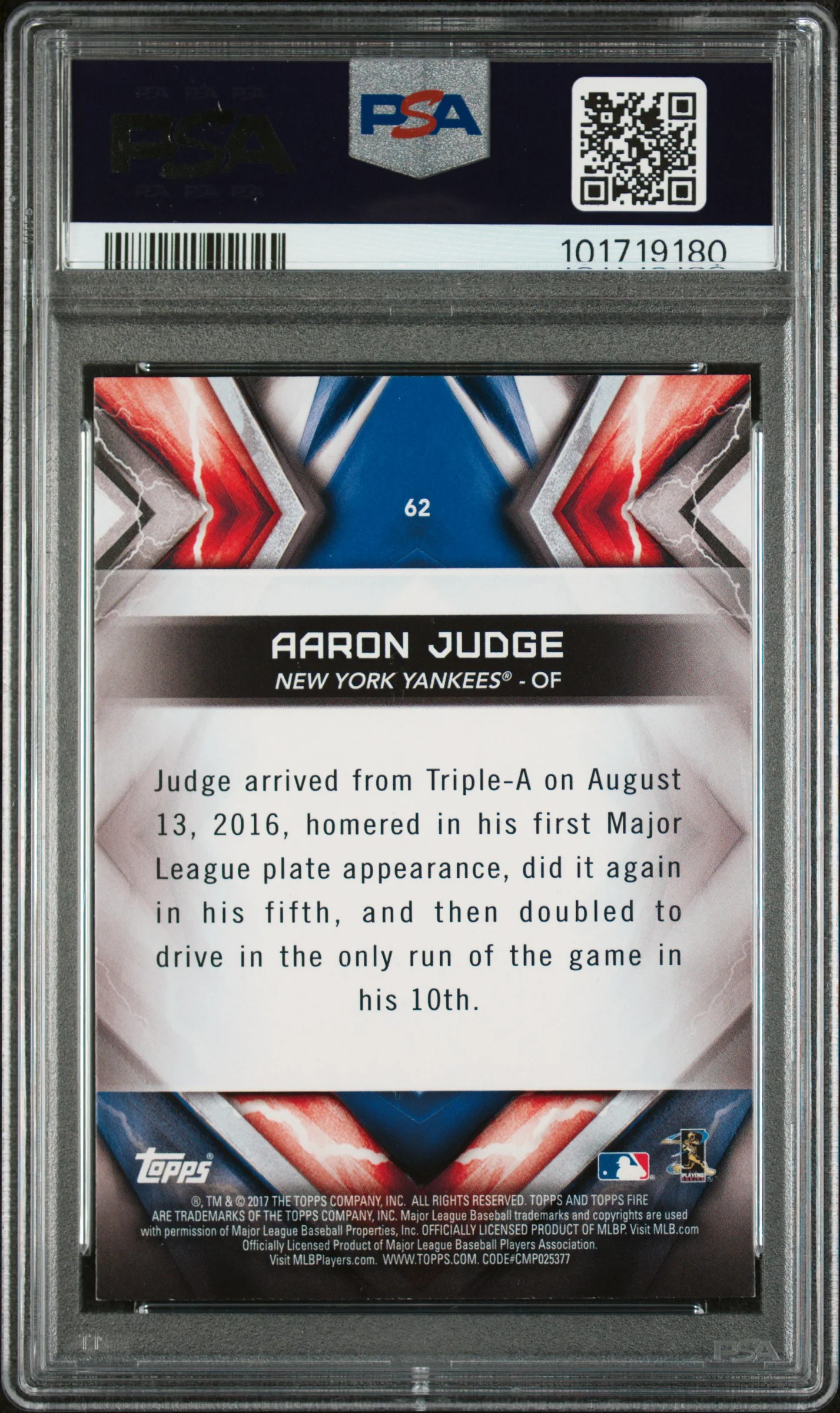2017 Topps Fire Aaron Judge #62 PSA 9 - Image 2