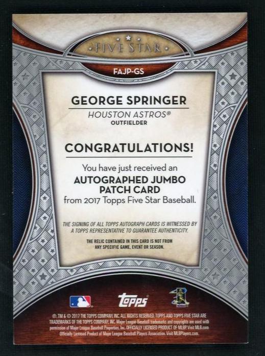 2017 Topps Five Star FAJP-GS George Springer Autographed Jumbo Patch /50 Houston Astros - Image 2