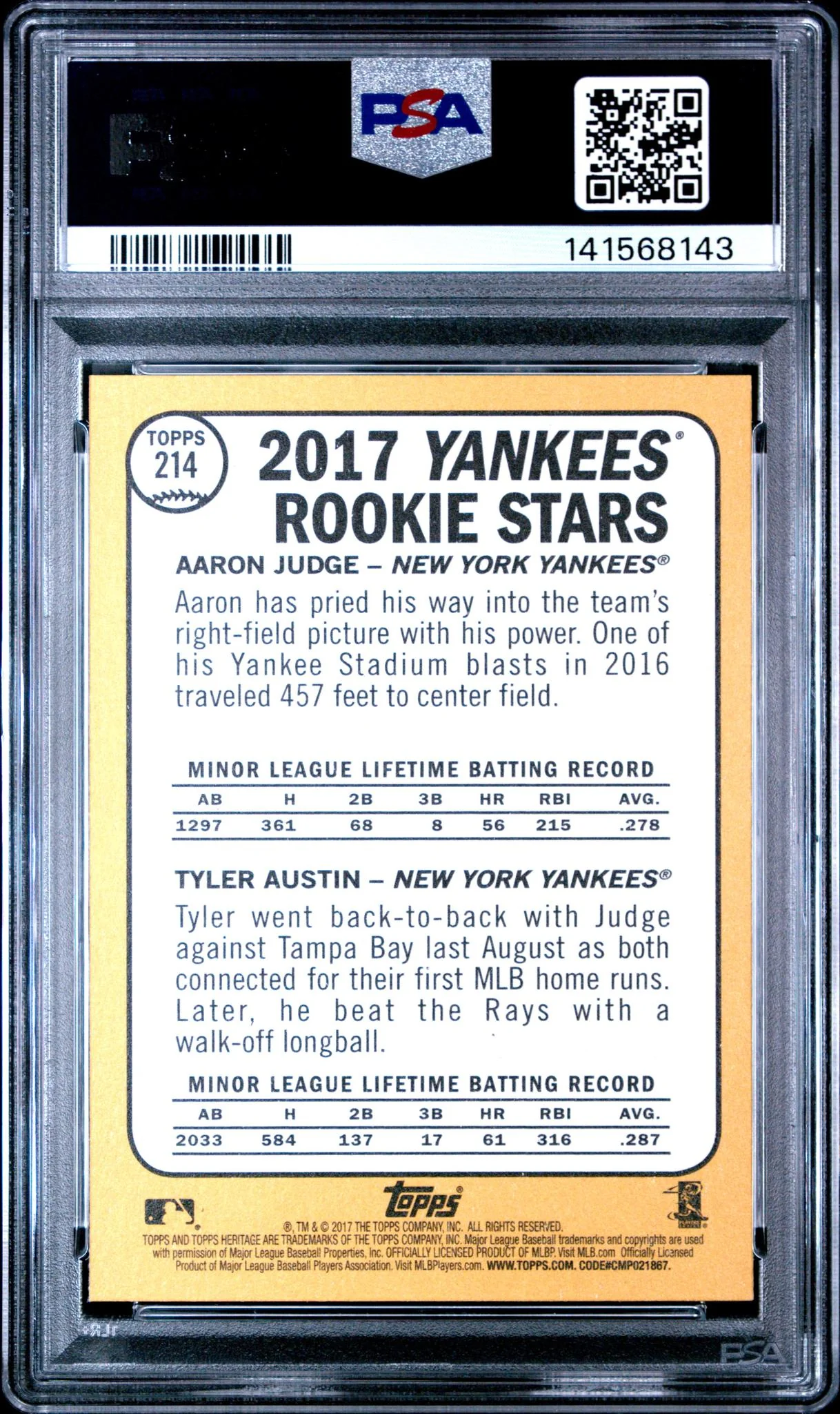 2017 Topps Heritage Rookie Stars Aaron Judge/Tyler Austin #214A PSA 10 - Image 2