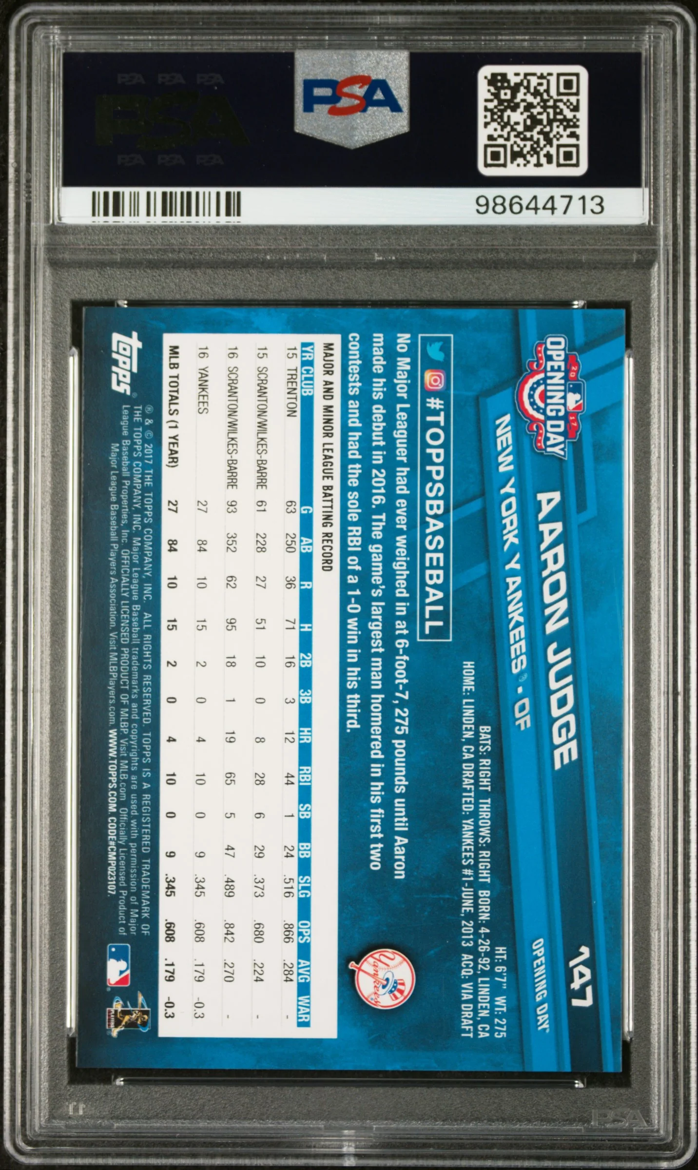 2017 Topps Opening Day Fielding Aaron Judge #147A PSA 8 - Image 2