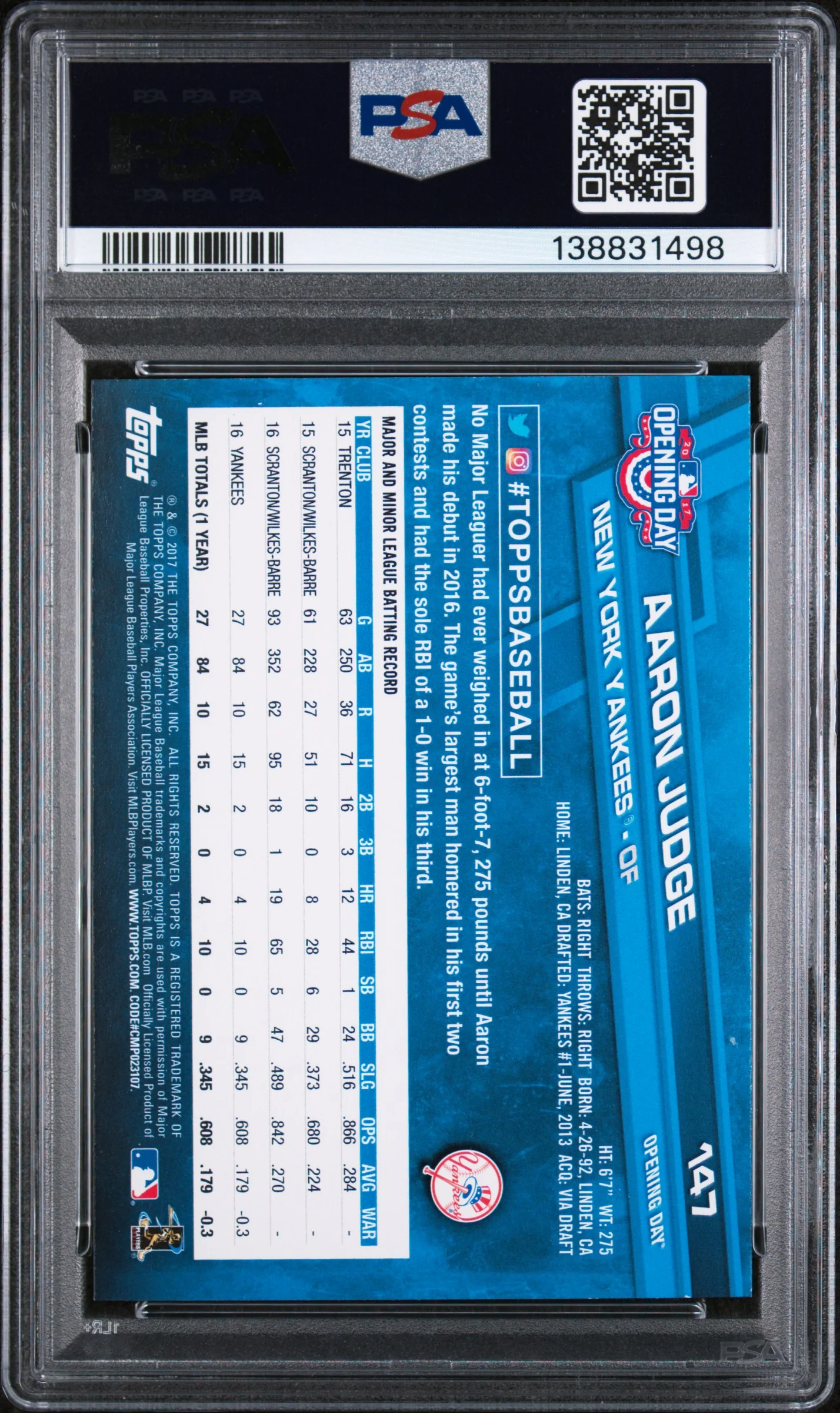 2017 Topps Opening Day Fielding Aaron Judge #147A PSA 9 - Image 2