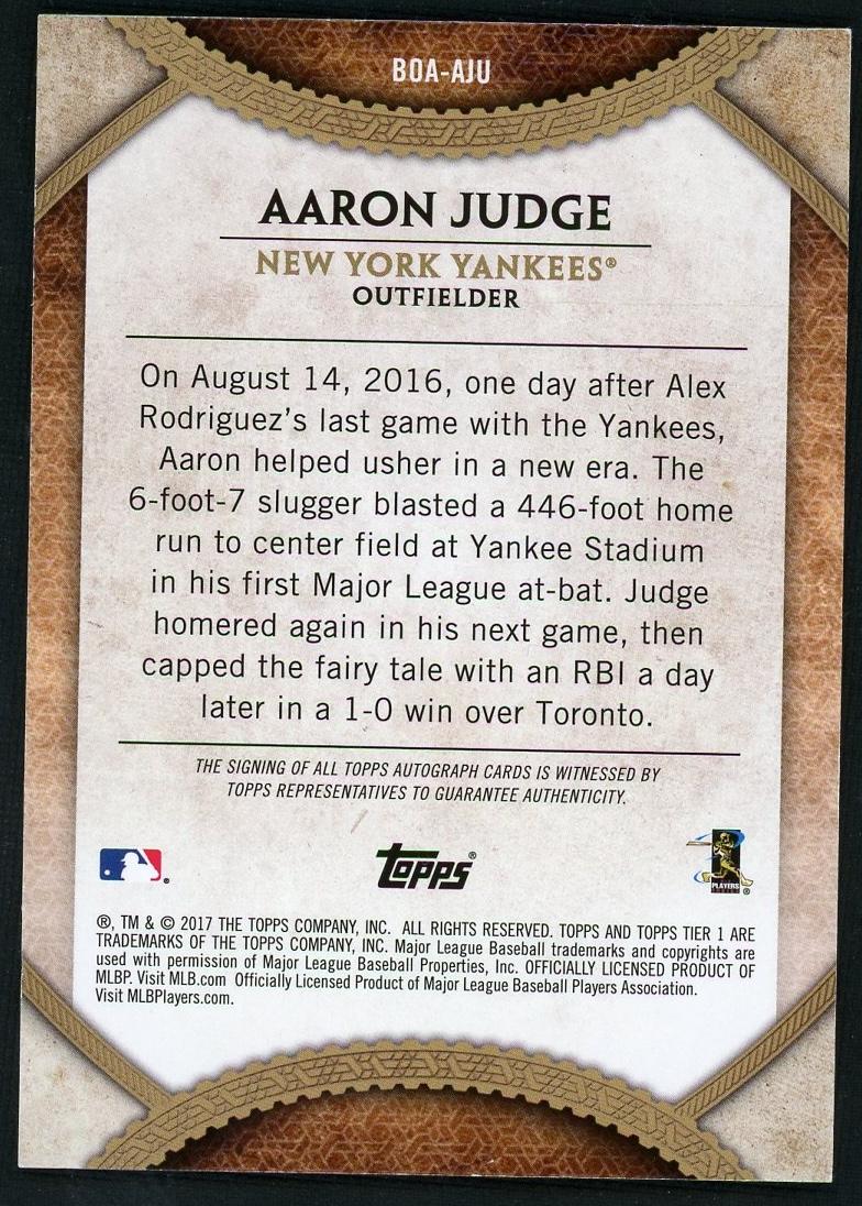 2017 Topps Tier One BOA-AJU Aaron Judge Topps Certified Autograph Issue Rookie /140 VG New York Yankees - Image 2