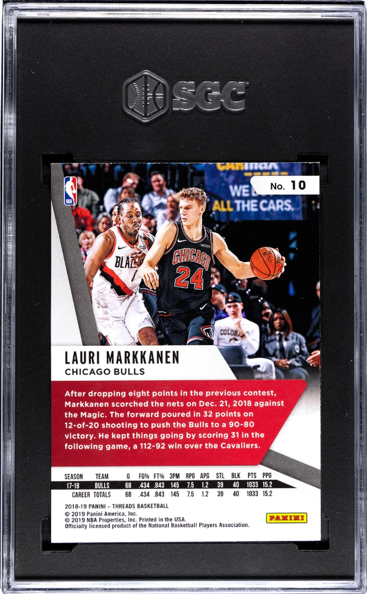 2018-19 Panini Threads Dazzle Lauri Markkanen #10 SGC 9.5 - Image 2