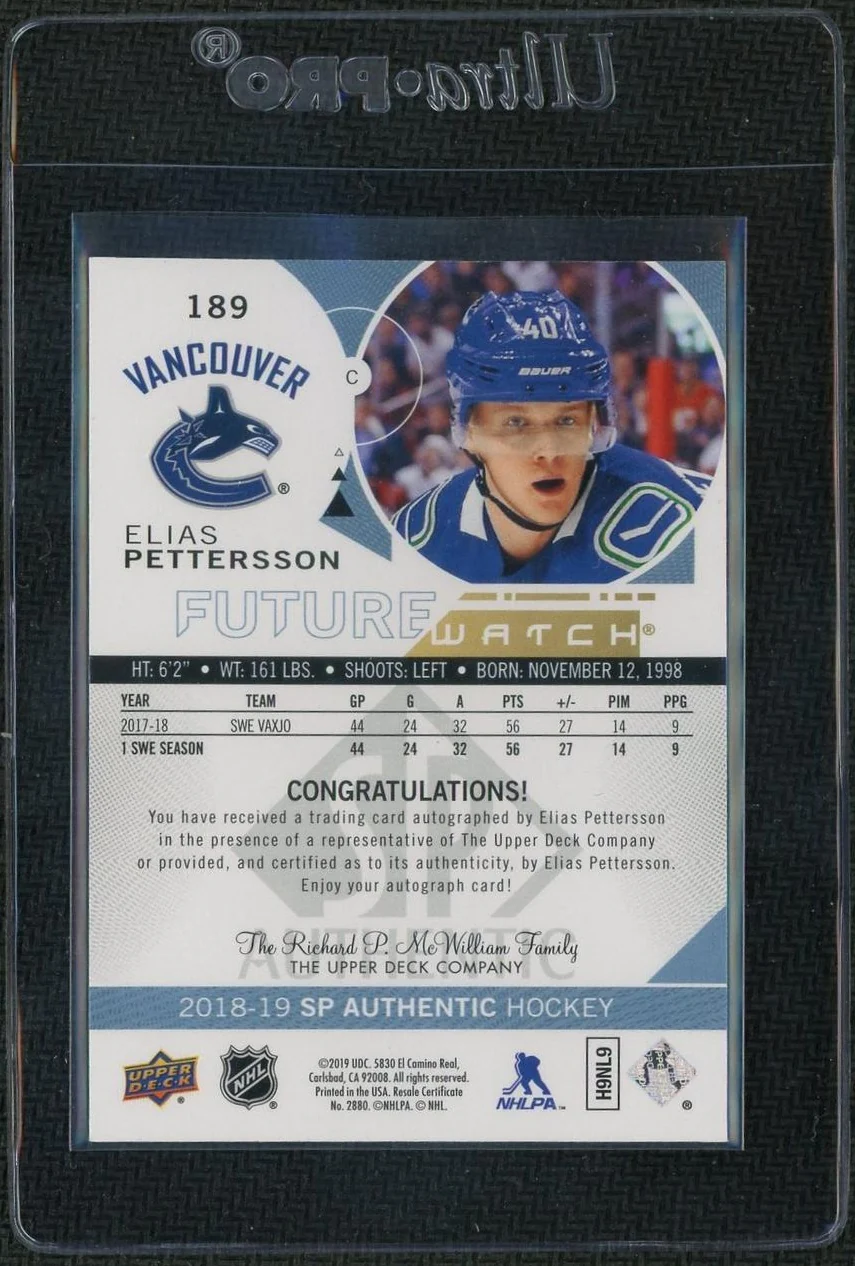2018-19 Upper Deck SP Authentic Future Watch Elias Pettersson #189 RC Auto /999 - Image 2