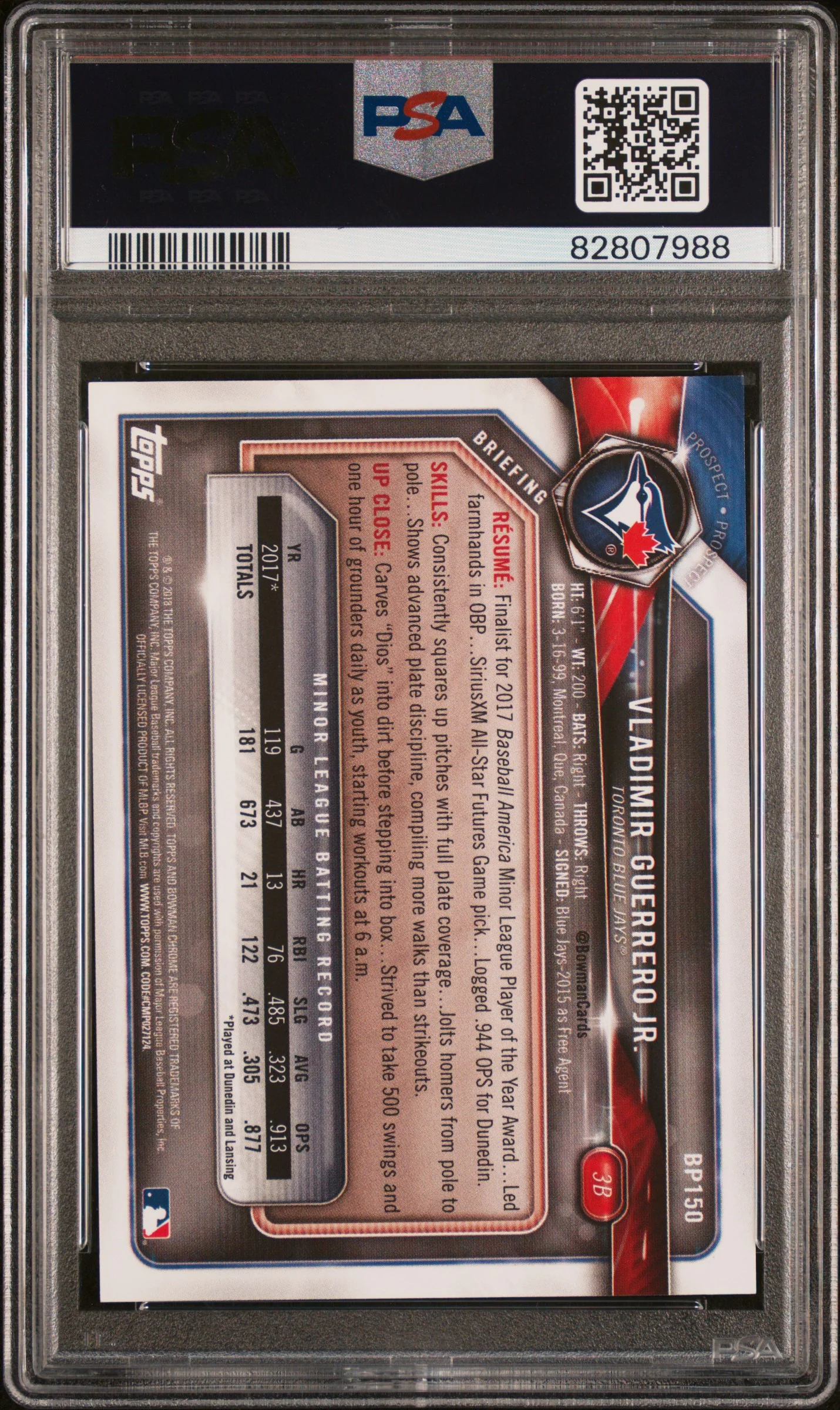 2018 Bowman Paper Blue Vladimir Guerrero Jr. #BP150 /150 PSA 10 - Image 2