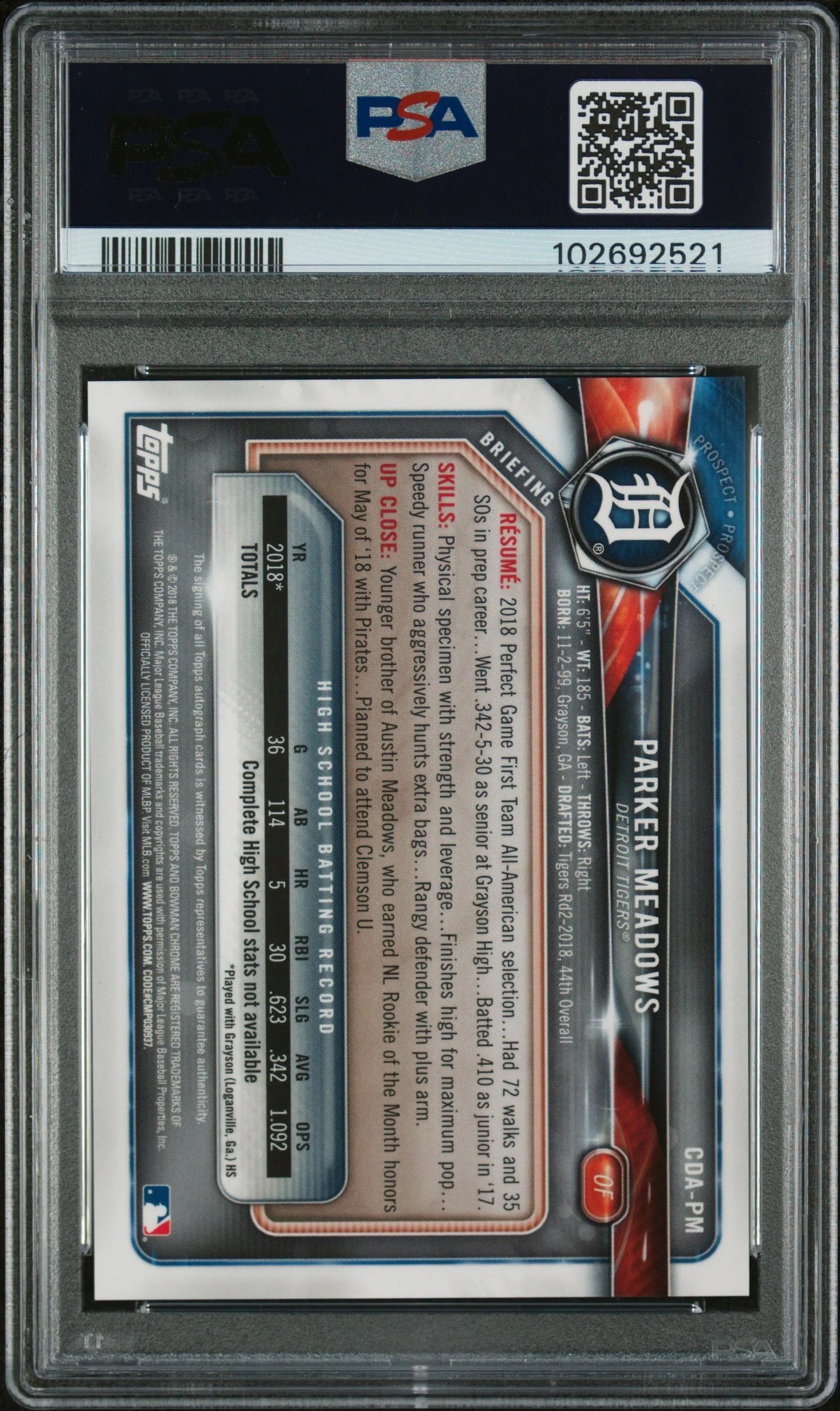 2018 Bowman Draft Chrome Parker Meadows #CDA-PM Auto PSA 10 - Image 2