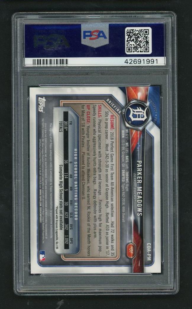 2018 Topps Bowman Draft Chrome Parker Meadows #CDAPM Auto PSA 10 RC - Image 2