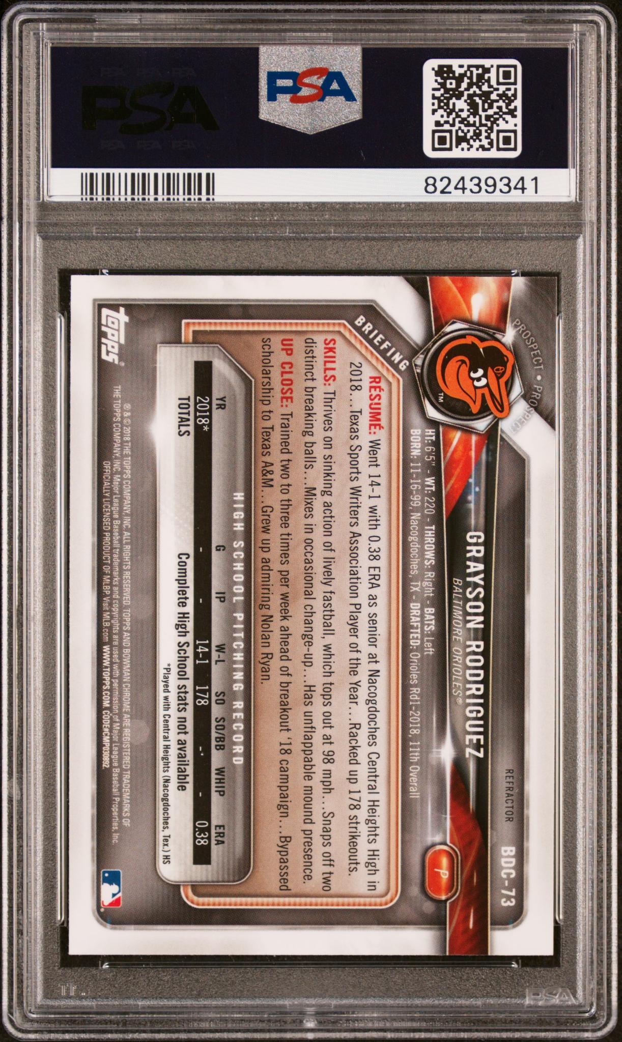 2018 Bowman Draft Chrome Refractor Grayson Rodriguez #BDC73 1st Bowman PSA 9 - Image 2