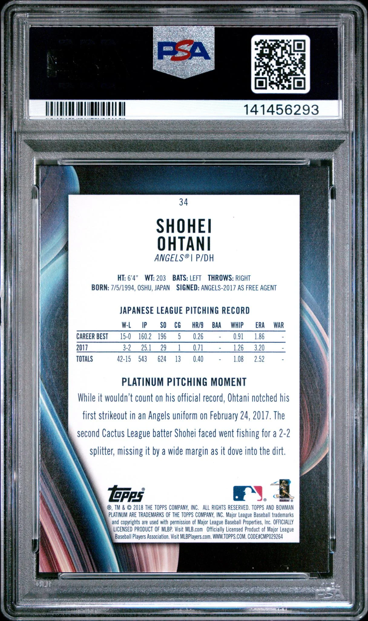 2018 Bowman Platinum With Glove Shohei Ohtani #34 PSA 9 - Image 2