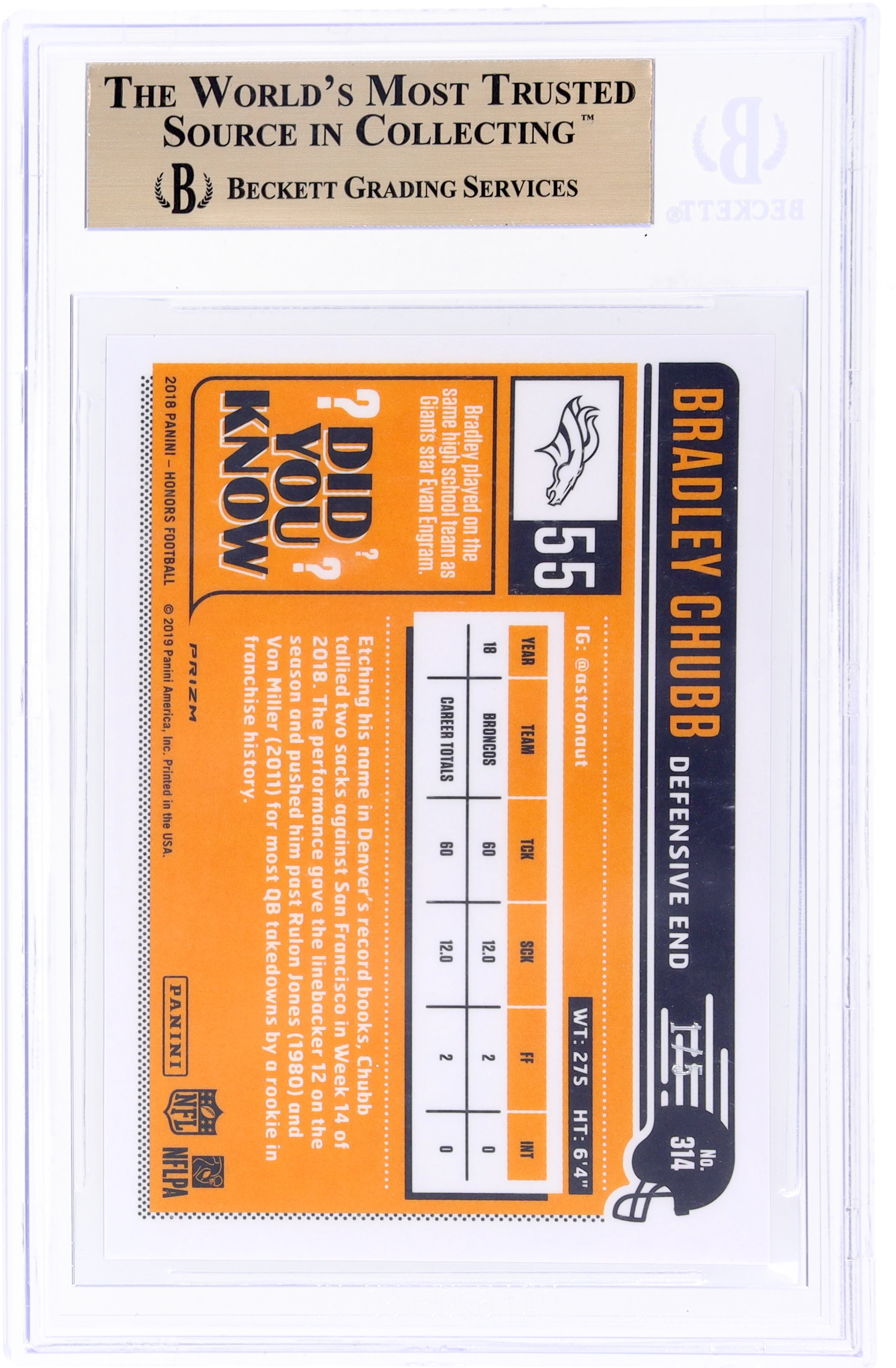 2018 Panini Classics Blue Bradley Chubb #314 RC BGS 9.5 - Image 2