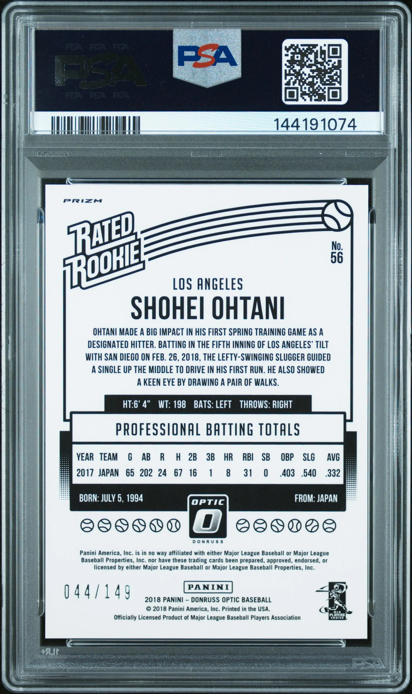 2018 Donruss Optic Rated Rookie Batting Blue Shohei Ohtani #56 /149 PSA 10 - Image 2