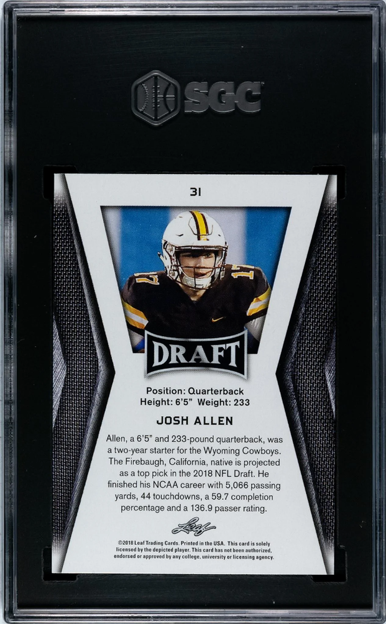 2018 Leaf Draft #31 Josh Allen Draft SGC 10 - Image 2