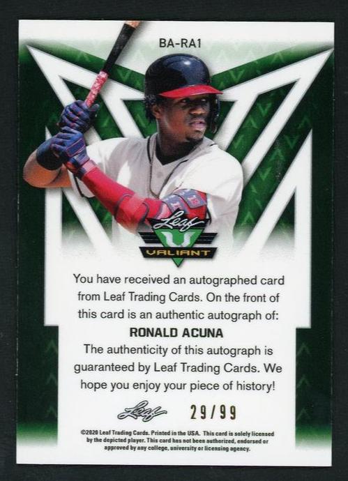 2018 Leaf Valiant BA-RA1 RONALD ACUNA Green /99 Auto - Image 2