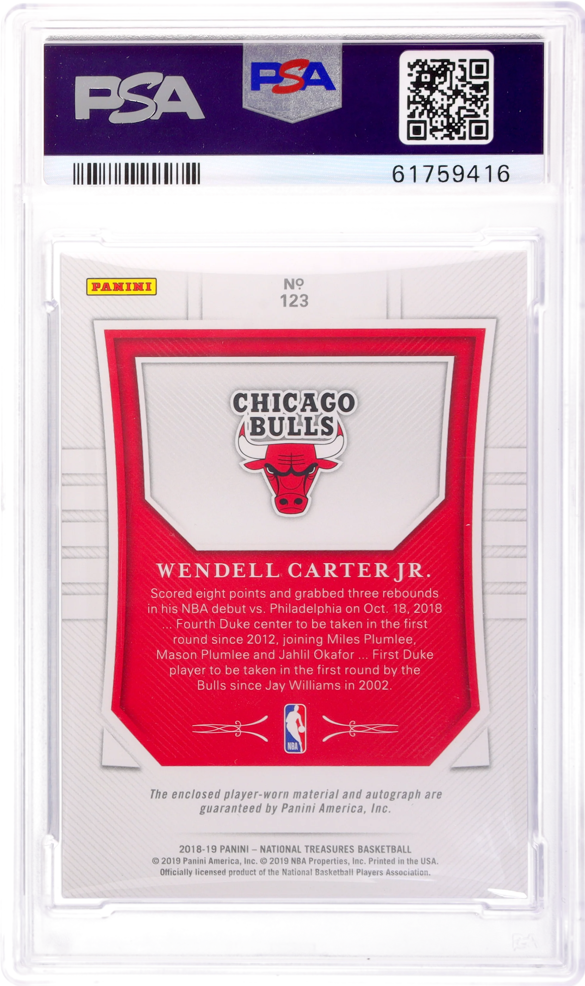 2018 Panini National Treasures Wendell Carter Jr. #123 /99 PSA 9 Patch Auto - Image 2