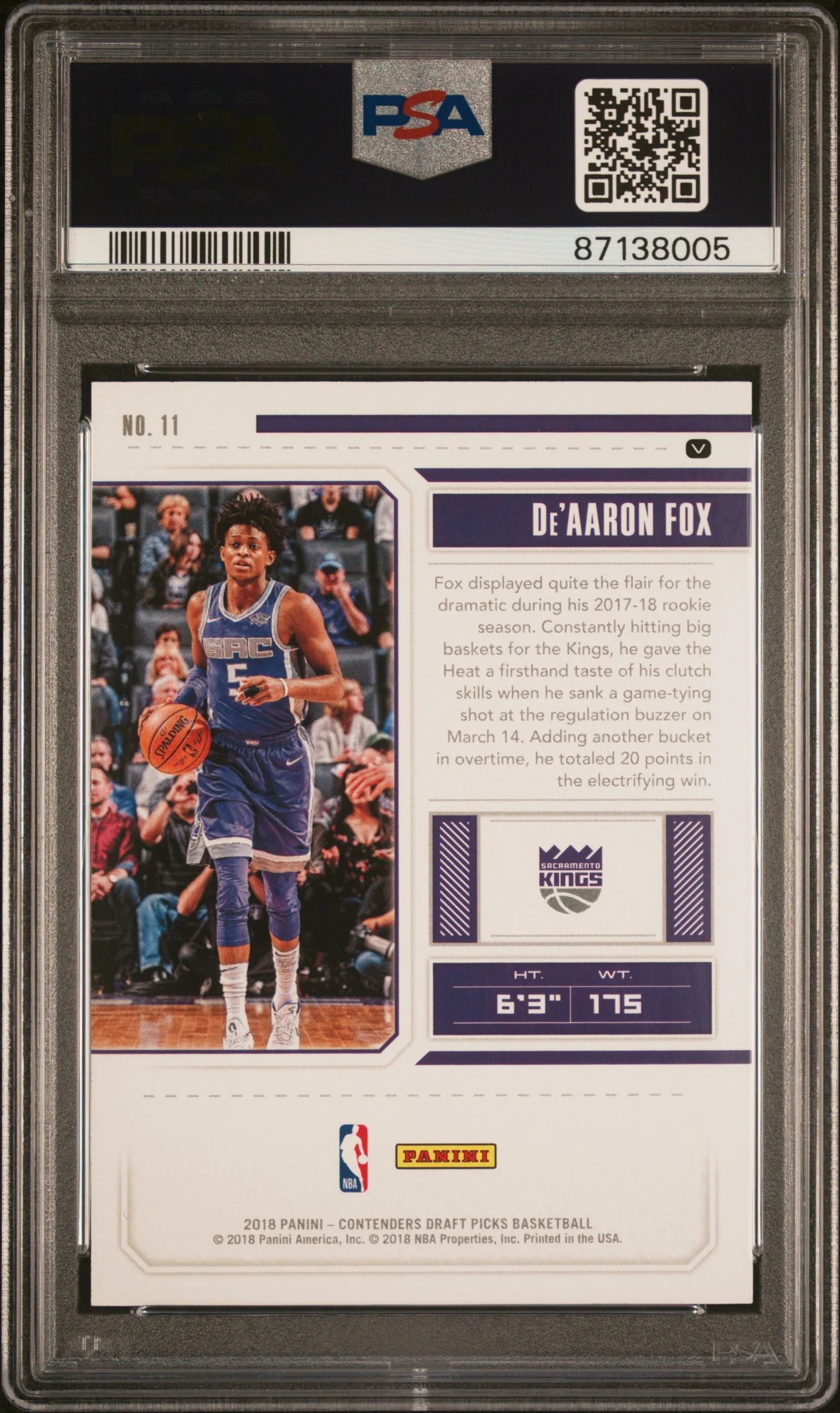2018 Panini Contenders Draft Picks Purple Jersey-Cracked Ice De'Aaron Fox #11 PSA 10 - Image 2