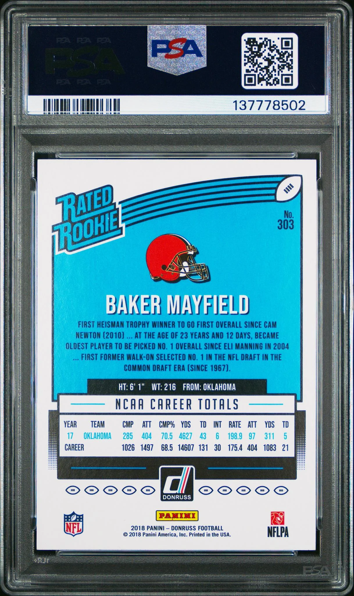 2018 Panini Donruss Press Proof Red Baker Mayfield #303 PSA 9 - Image 2