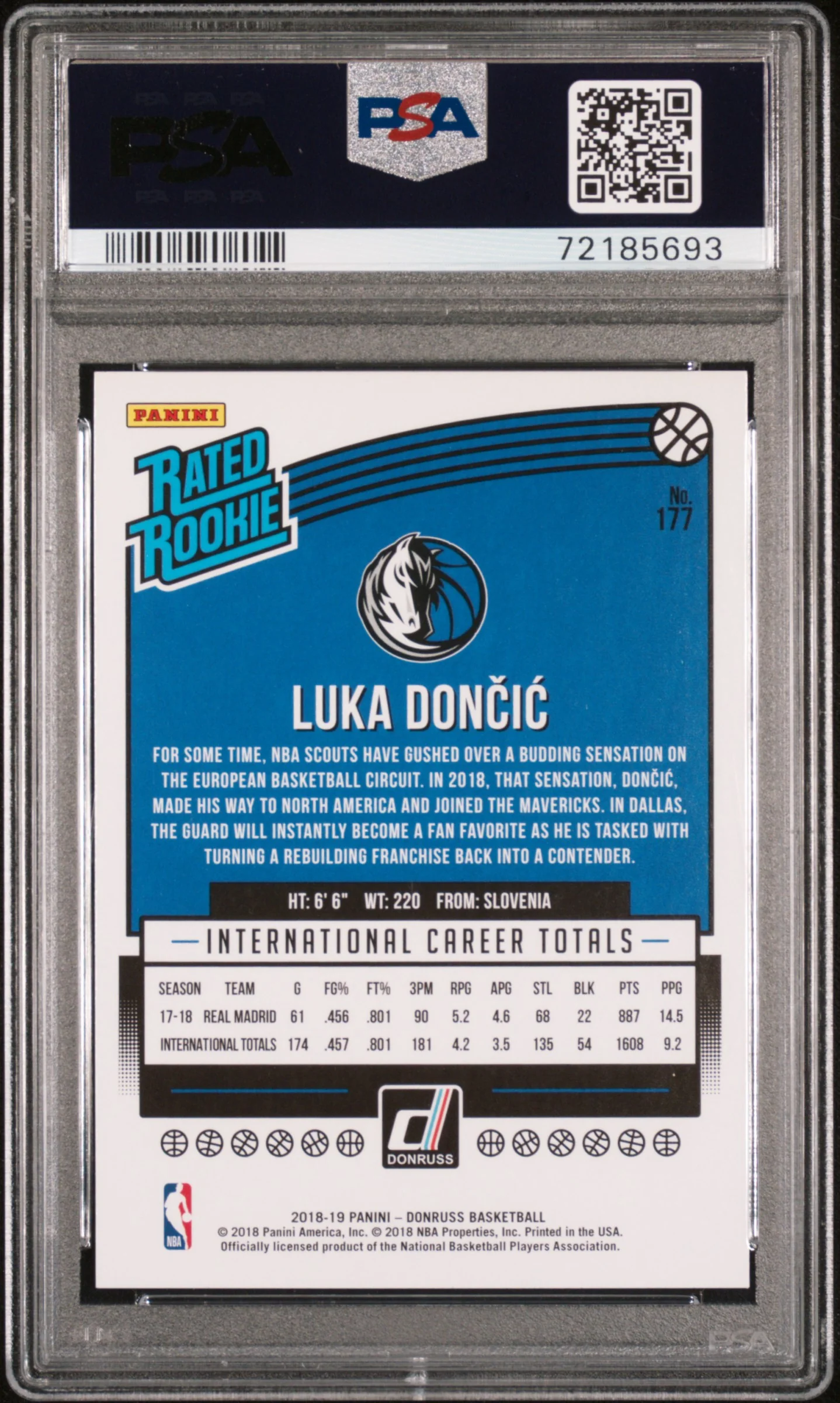 2018 Panini Donruss Rated Rookie Luka Doncic #177 PSA 10 - Image 2