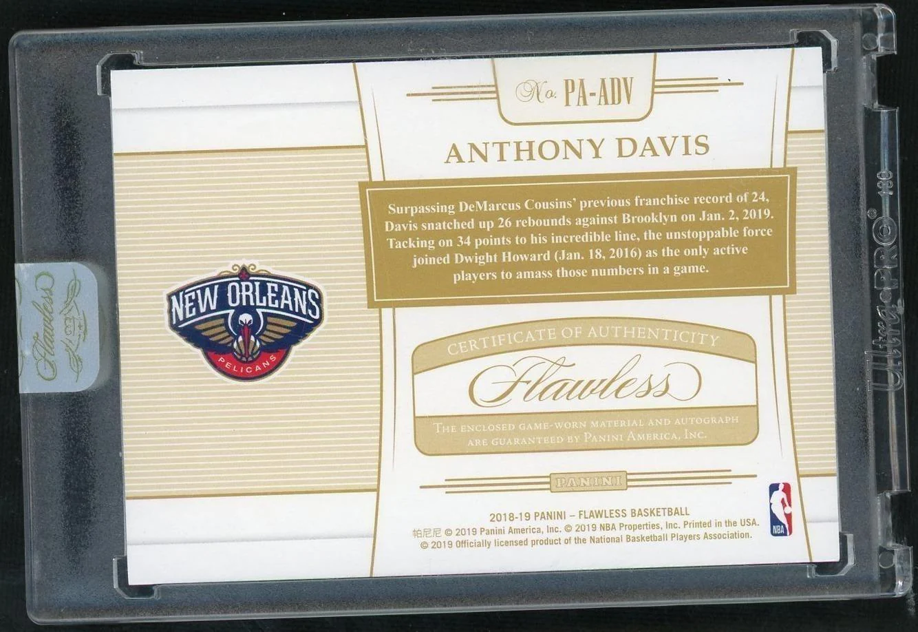 2018 Panini Flawless Anthony Davis Patch Autograph /25 - Image 2