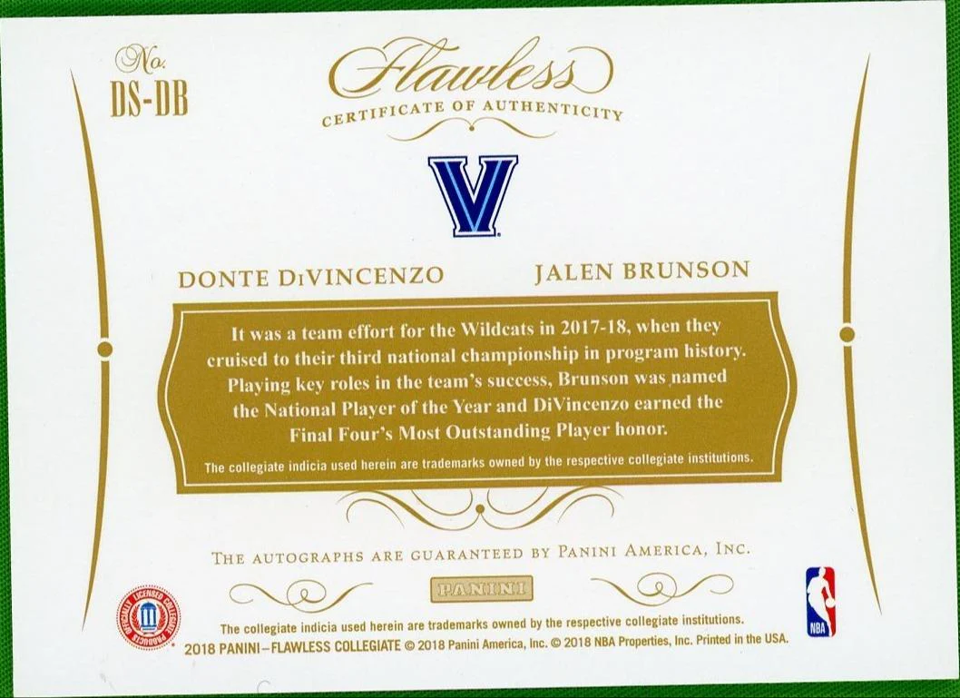 2018 Panini Flawless DS-DB Donte DiVincenzo Jalen Brunson /25 VG Villanova Auto - Image 2