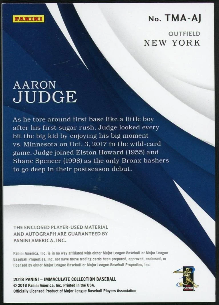 2018 Panini Immaculate Triple Material Signatures Aaron Judge #TMA-AJ Auto /5 - Image 2