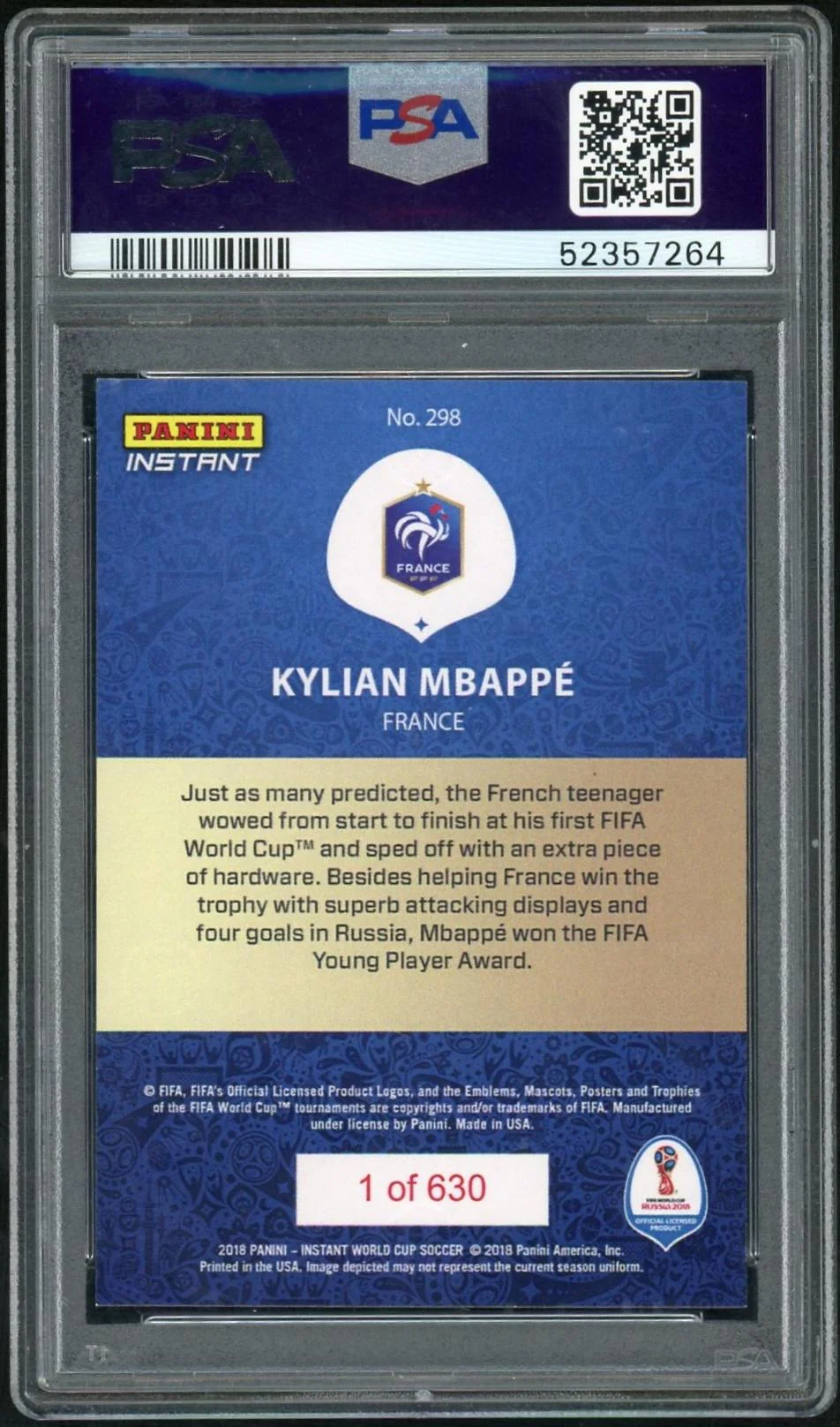 2018 Panini Instant World Cup Kylian Mbappe #298 PSA 9 - Image 2
