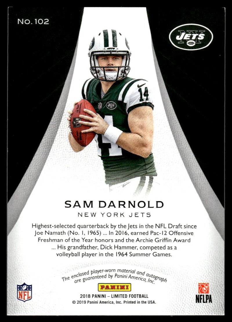 2018 Panini Limited 102 Sam Darnold Limited Rookie /10 VG New York Jets Auto - Image 2