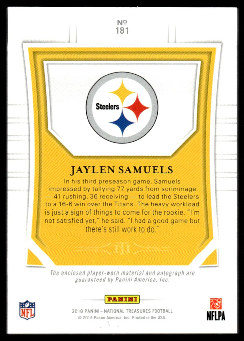 2018 Panini National Treasures 181 Jaylen Samuels Rookie /25 Pittsburgh Steelers Auto - Image 2